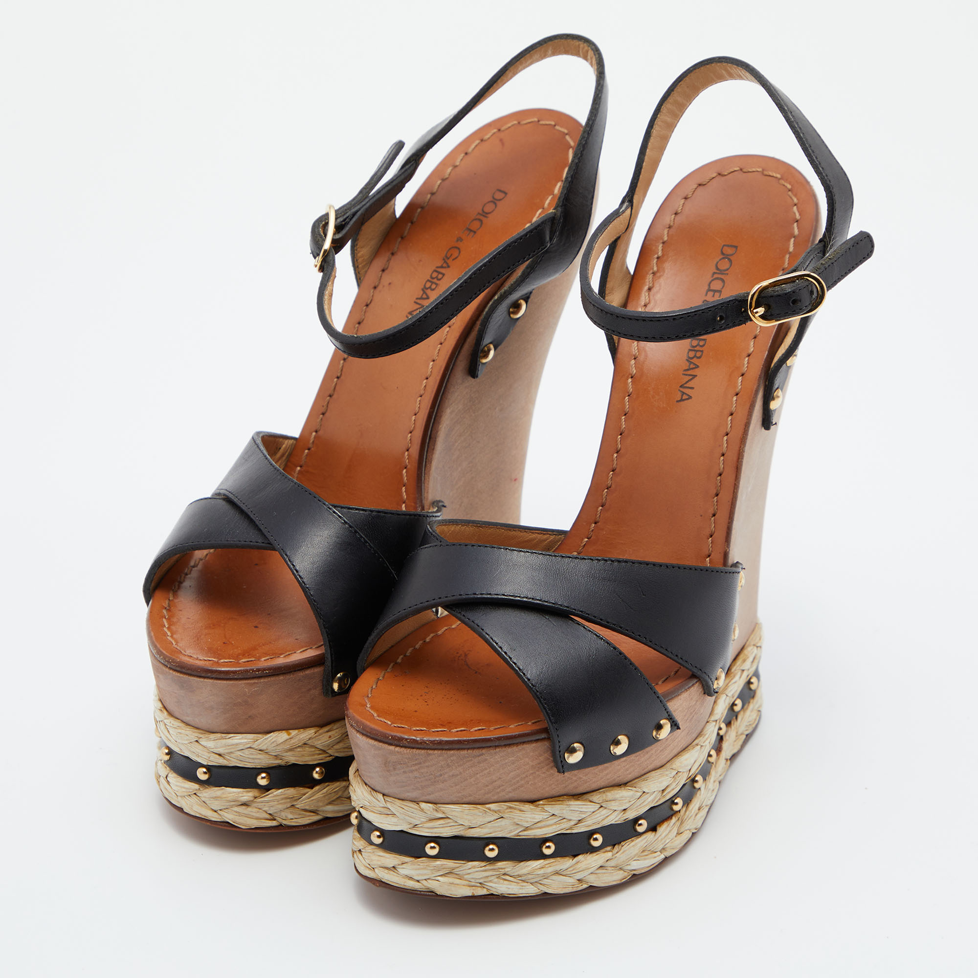 

Dolce & Gabbana Black Leather and Raffia Wooden Platform Wedge Sandals Size