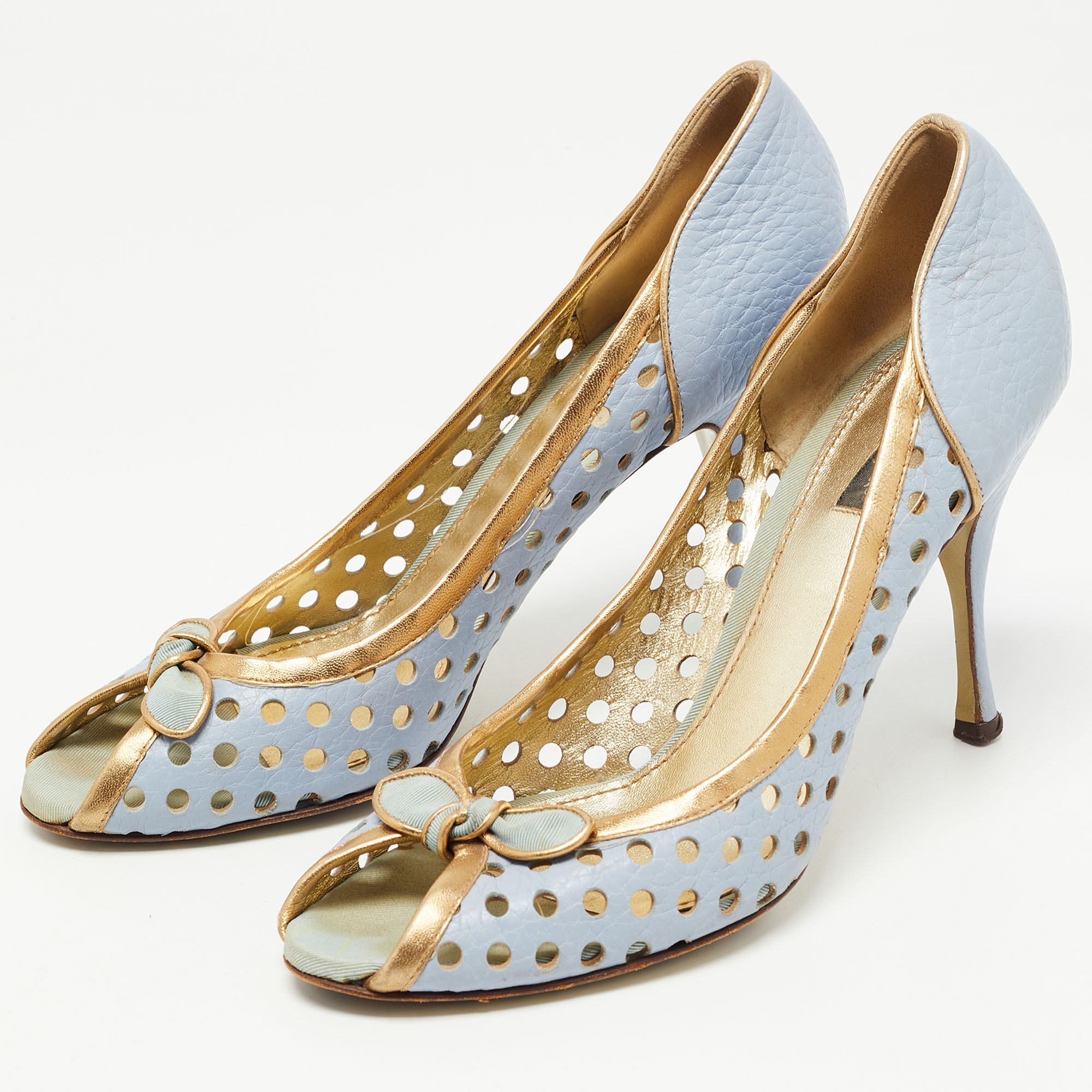 

Dolce & Gabbana Blue/Gold Perforated Leather Bow Detail Peep Toe Pumps Size