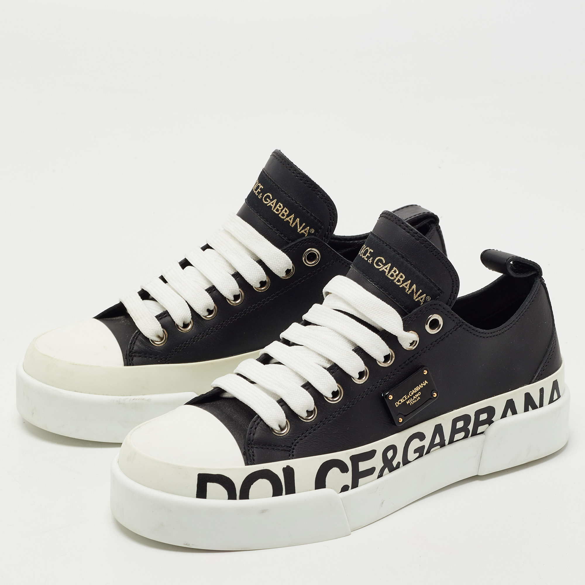 

Dolce & Gabbana Black/White Leather Portofino Low Top Sneakers Size