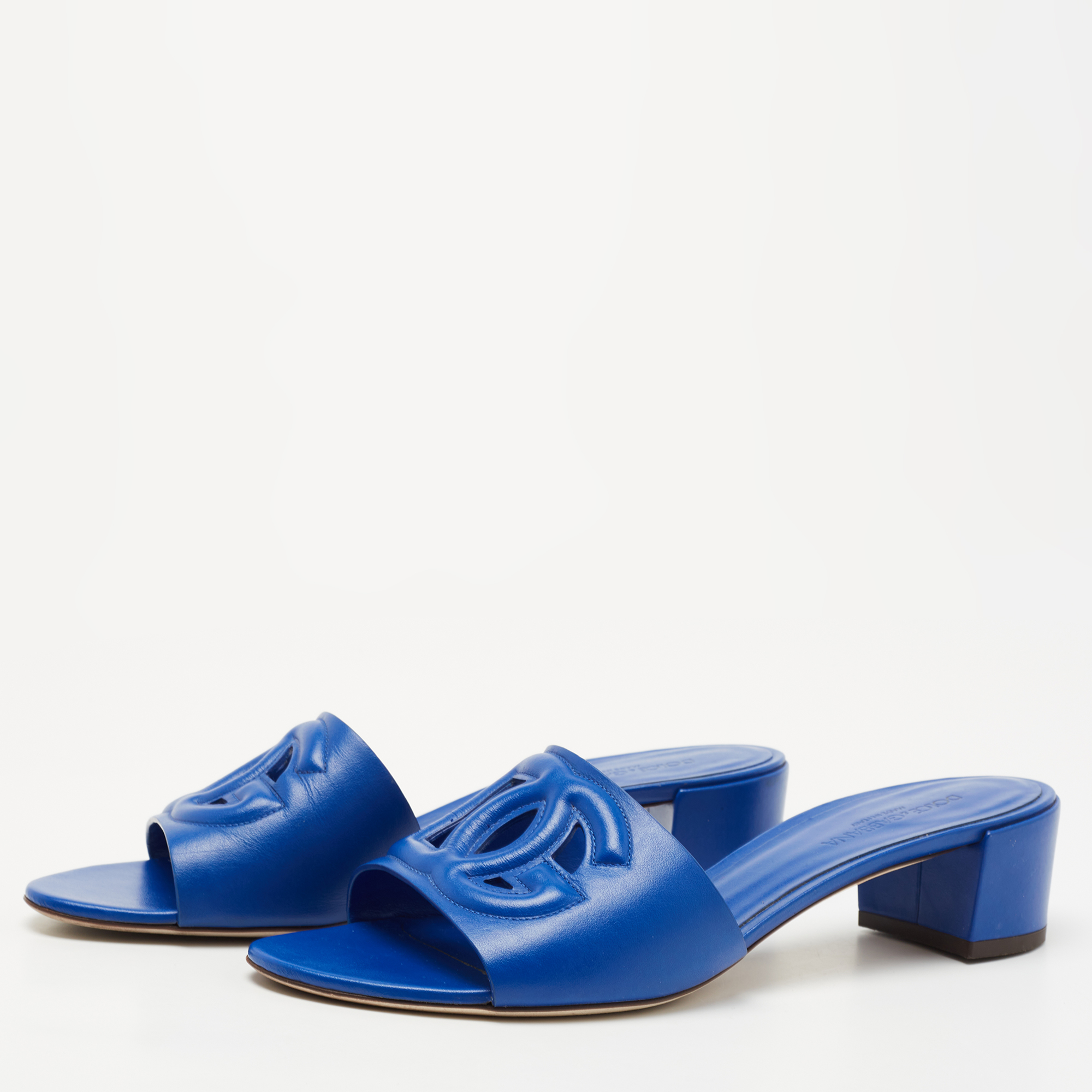 

Dolce & Gabbana Blue Leather DG Logo Cutout Slides Size