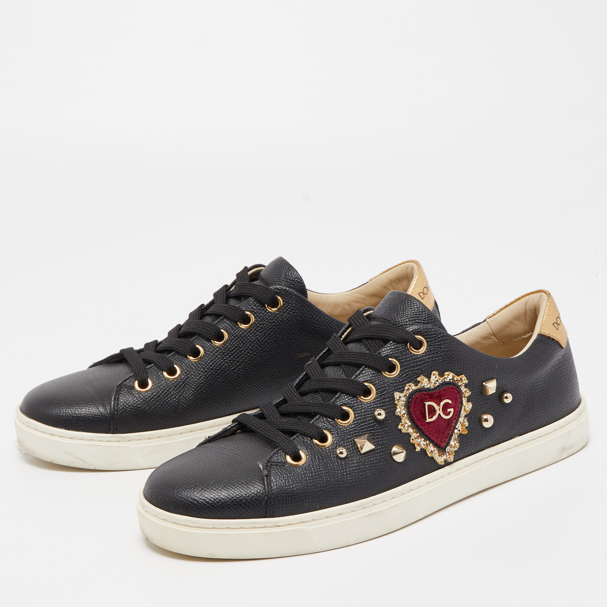 

Dolce & Gabbana Black Leather Embellished DG Heart Low Top Sneakers Size