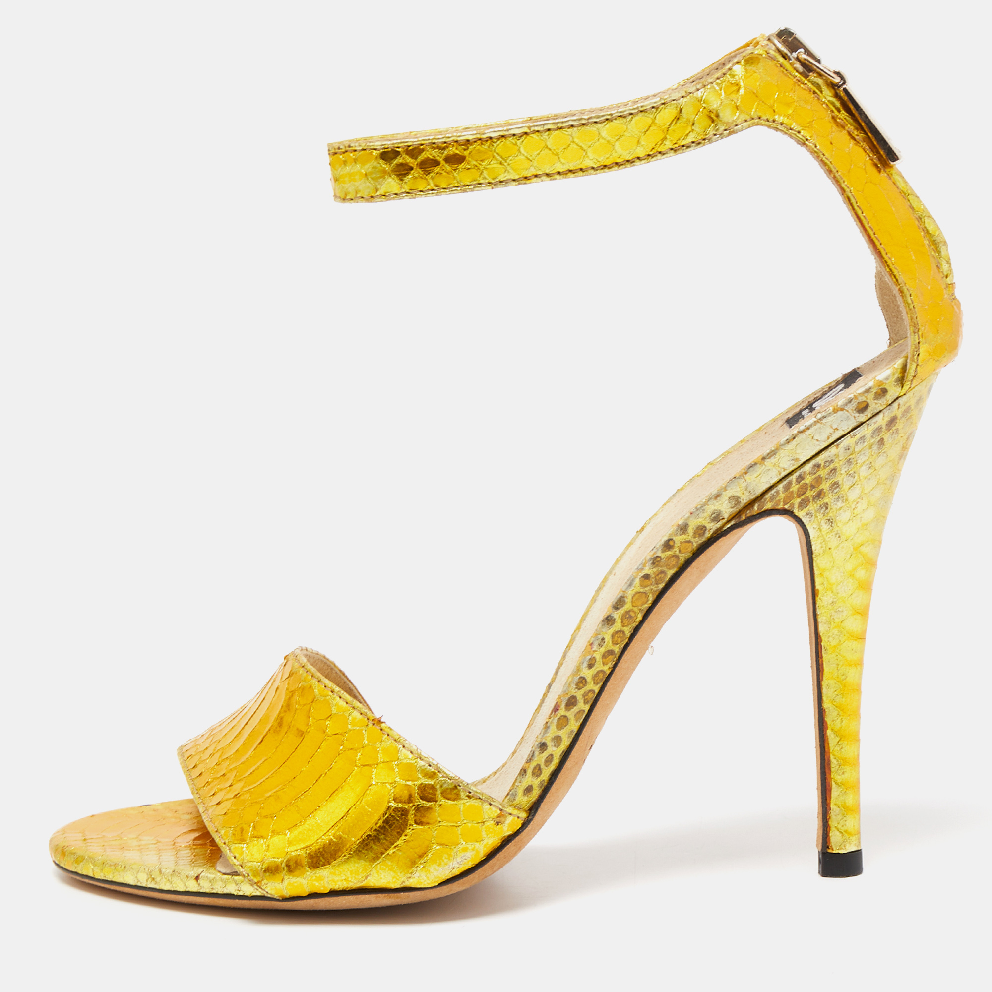 Pre-owned Dolce & Gabbana Gold Python Leather Embossed Ankle Strap Sandals Size 36 In Yellow