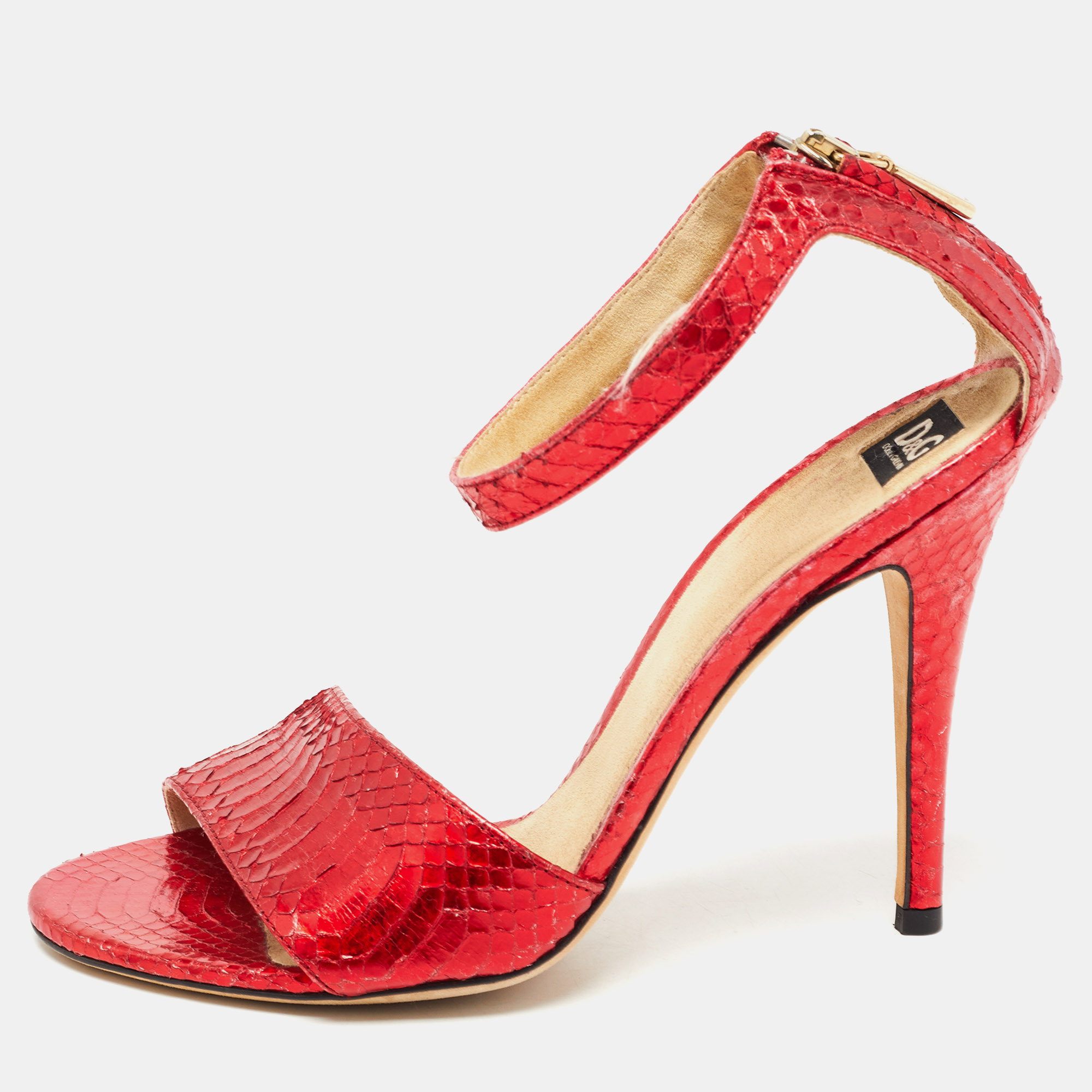 Pre-owned D & G Red Python Leather Ankle Strap Sandals Size 36