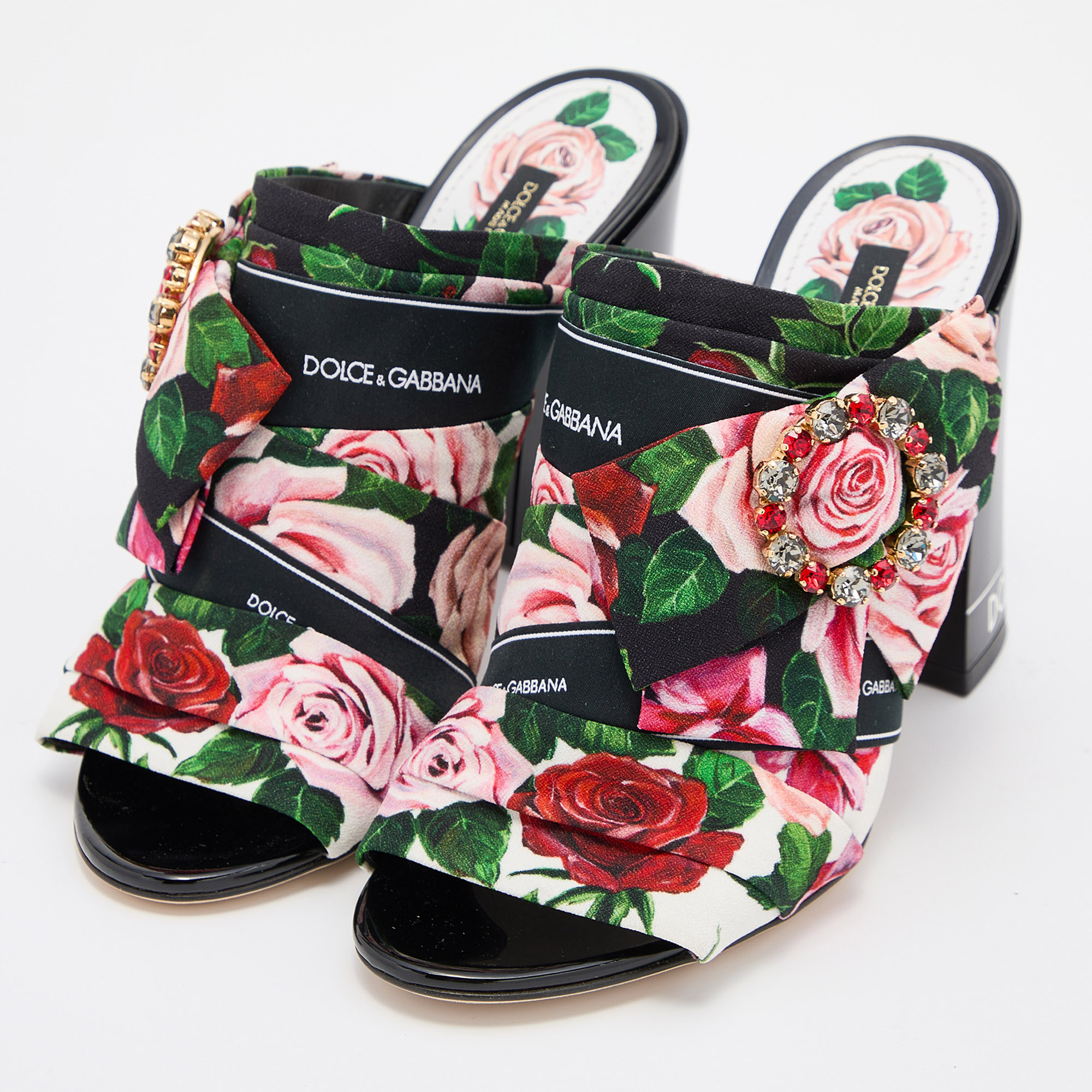 

Dolce & Gabbana Multicolor Floral Printed Fabric Crystal Embellished Bow Block Heel Sandals Size