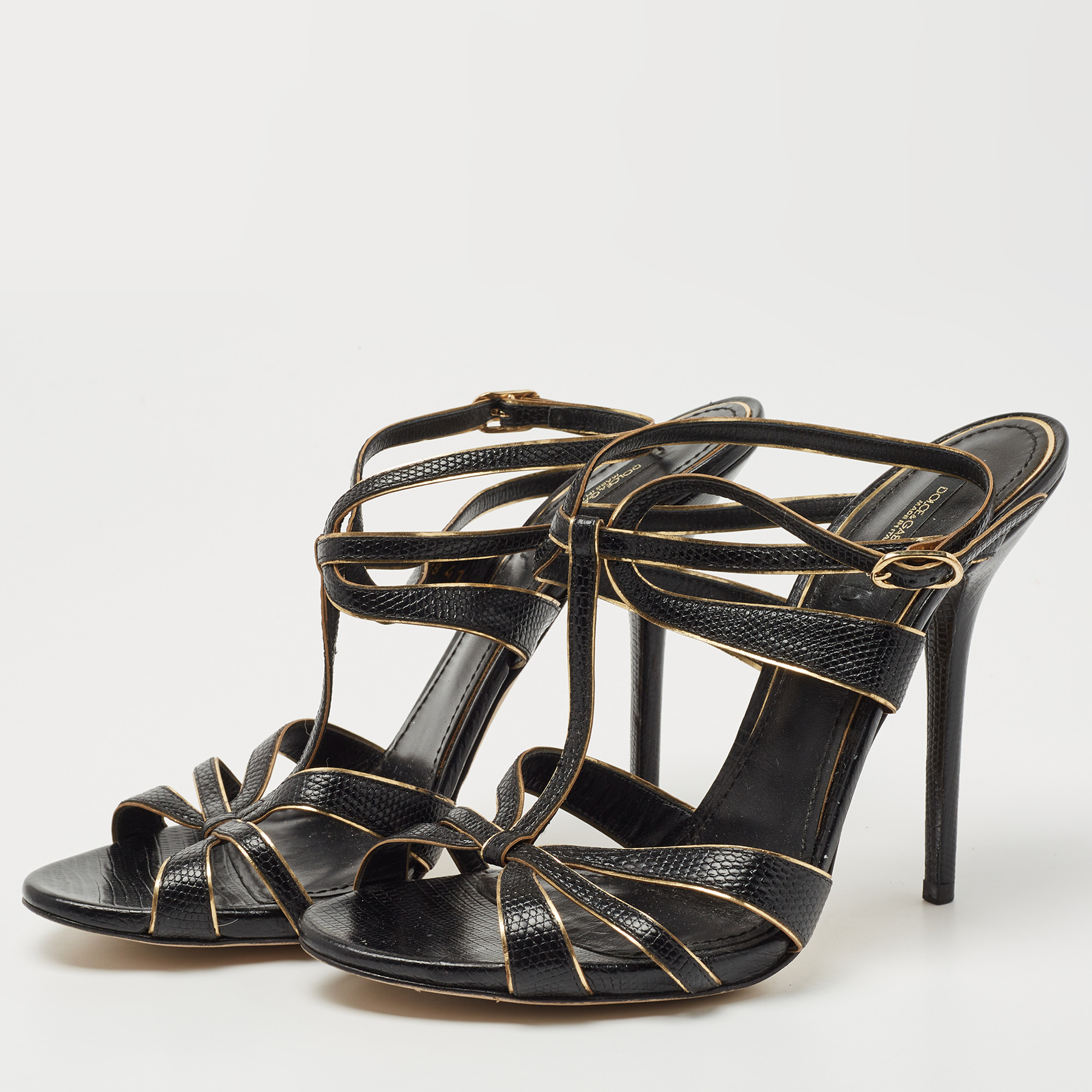 

Dolce & Gabbana Black/Gold Lizard Embossed Leather Ankle Strap Sandals Size