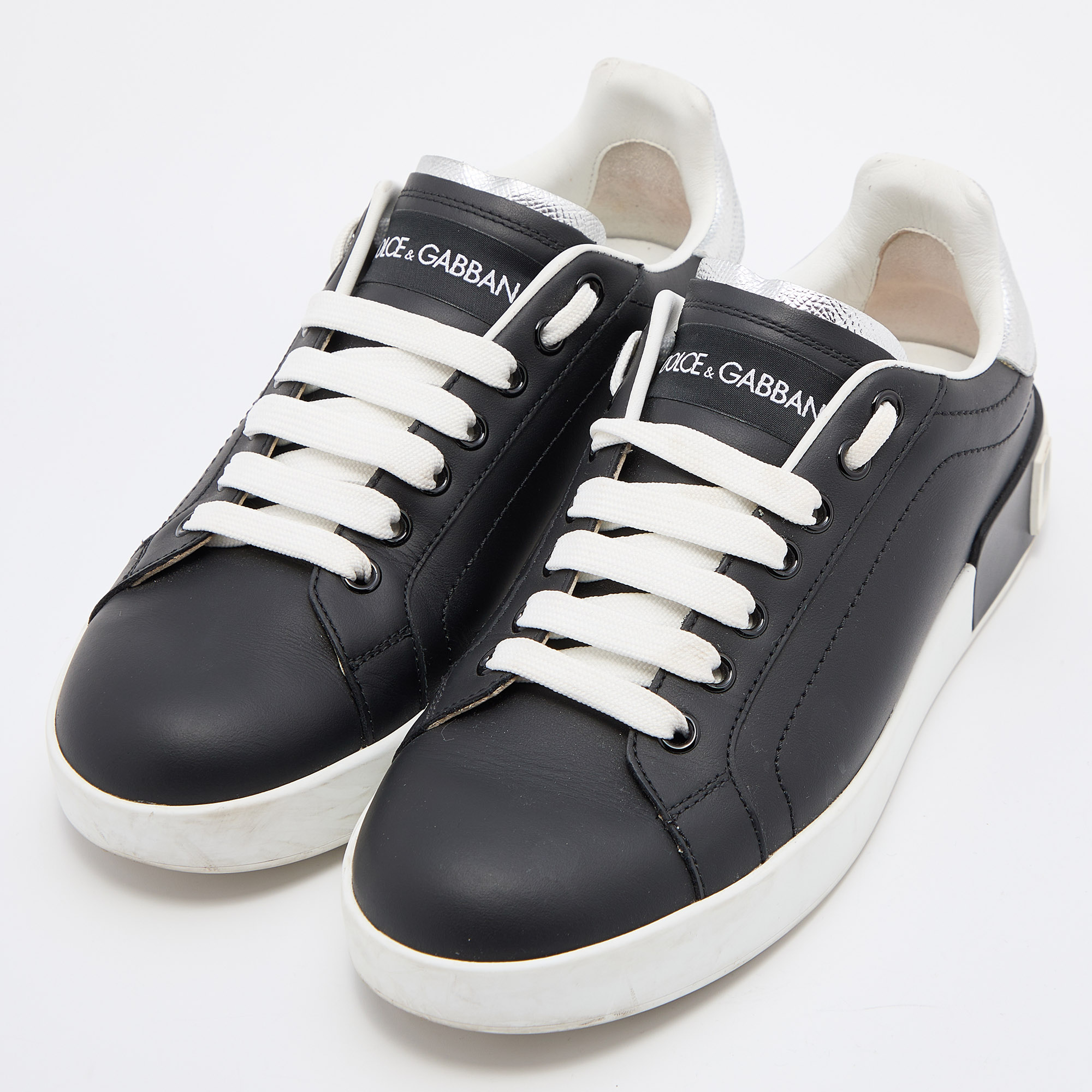 

Dolce & Gabbana Black/Silver Leather Portofino Low Top Sneakers Size