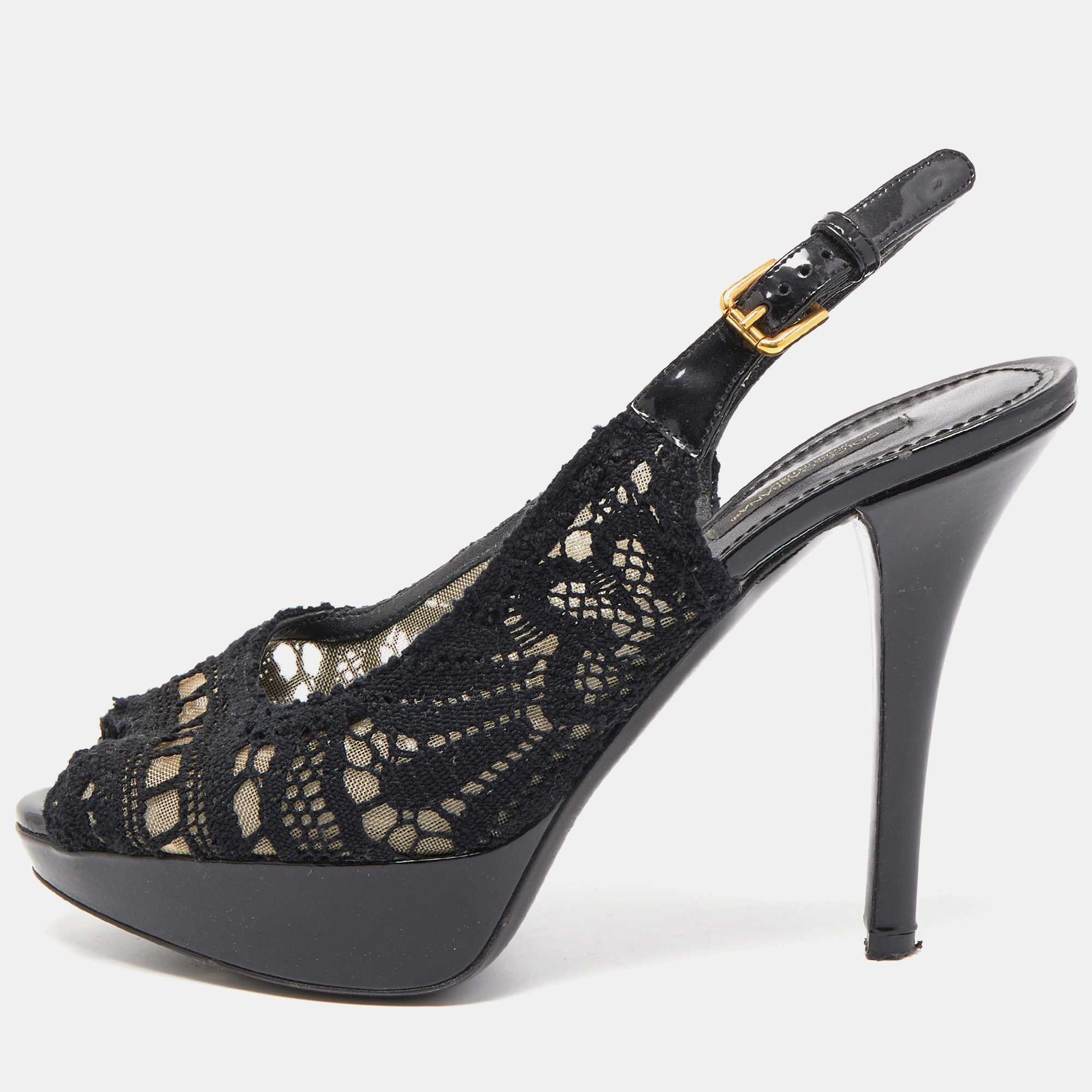 Pre-owned Dolce & Gabbana Black Lace Peep Toe Platform Slingback Pumps Size 37.5