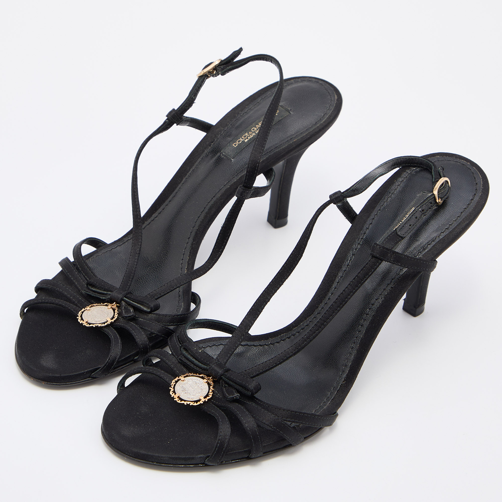 

Dolce & Gabbana Black Satin Heritage Coin Detail Ankle Strap Sandals Size