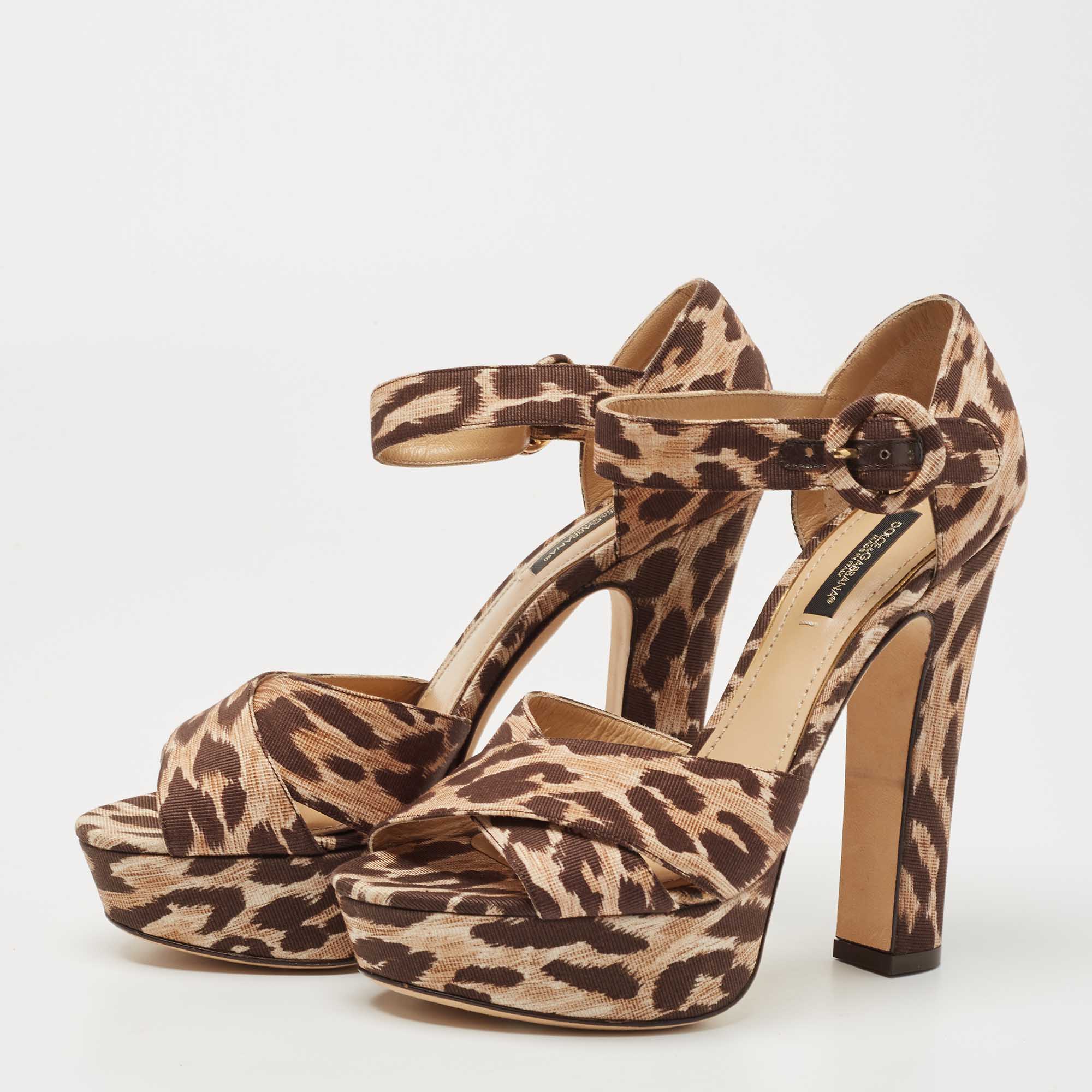

Dolce & Gabbana Brown/Beige Leopard Print Canvas Platform Ankle Strap Sandals Size