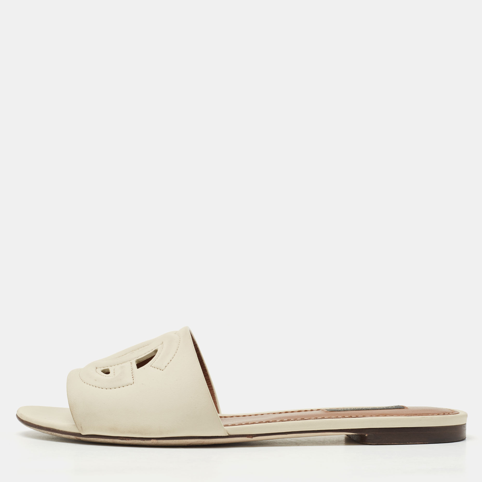 Pre Owned Dolce & Gabbana Beige Leather DG Millennials Flat Slides Size 38