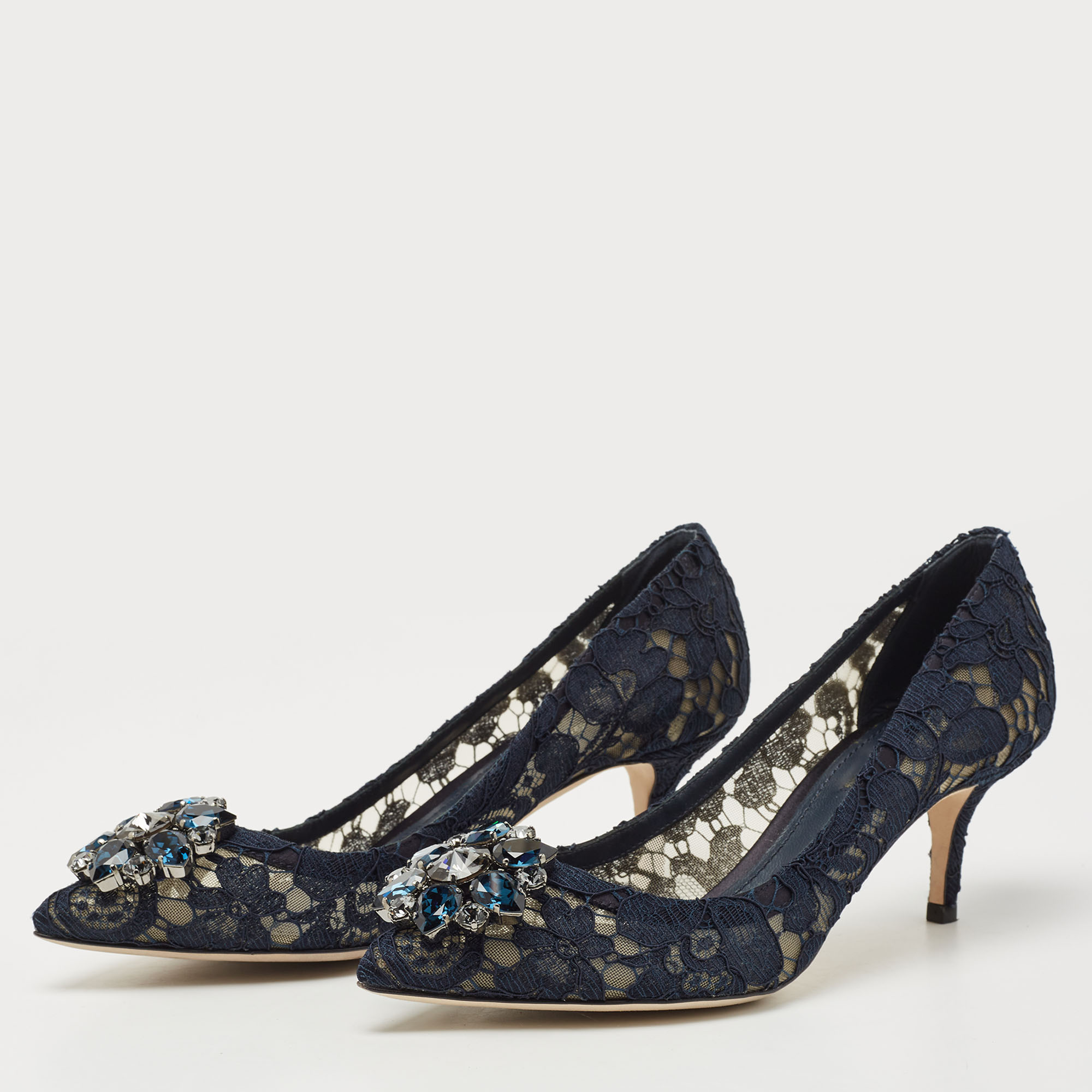 

Dolce & Gabbana Navy Blue Lace and Mesh Bellucci Pumps Size