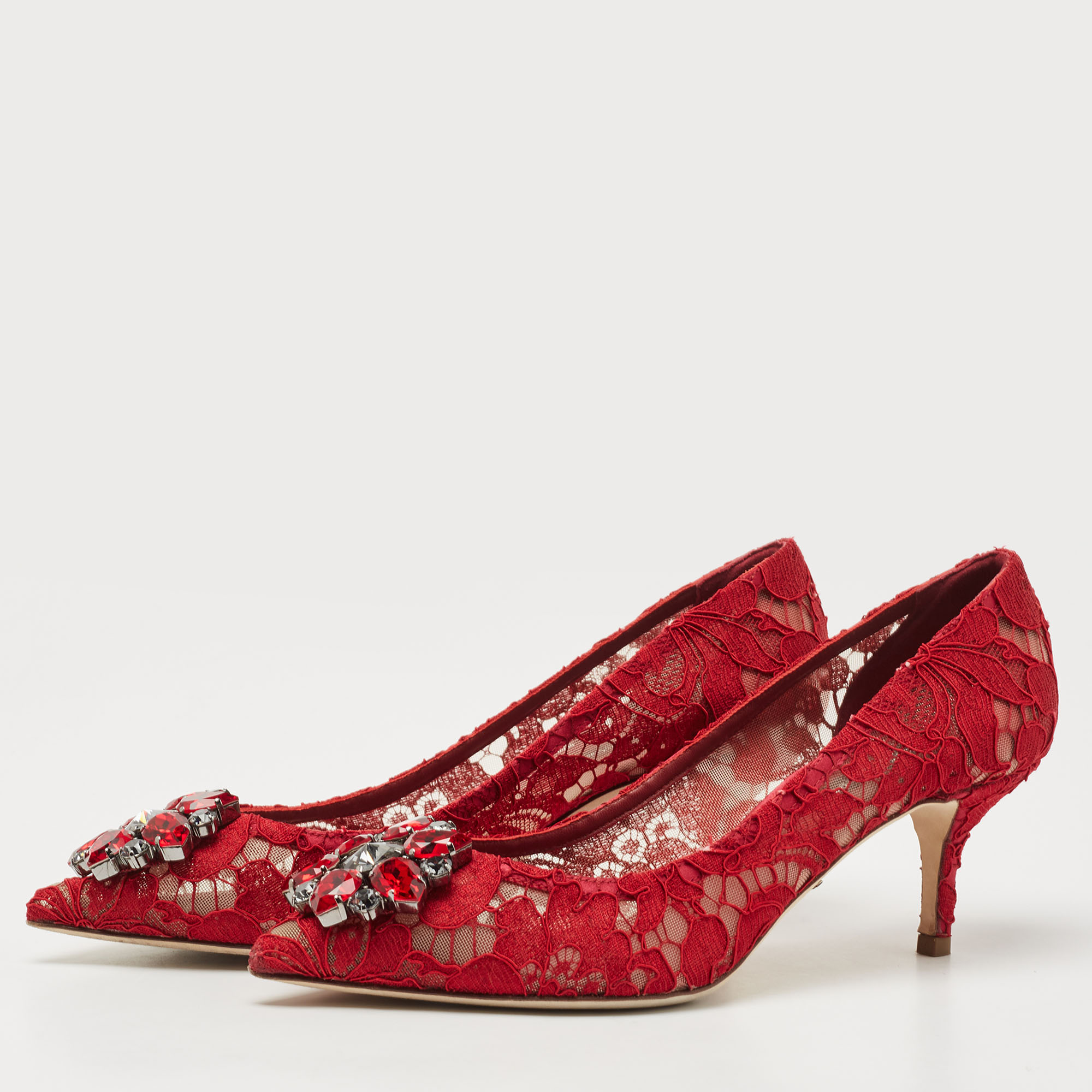 

Dolce & Gabbana Red Lace Bellucci Crystal Embellished Pumps Size