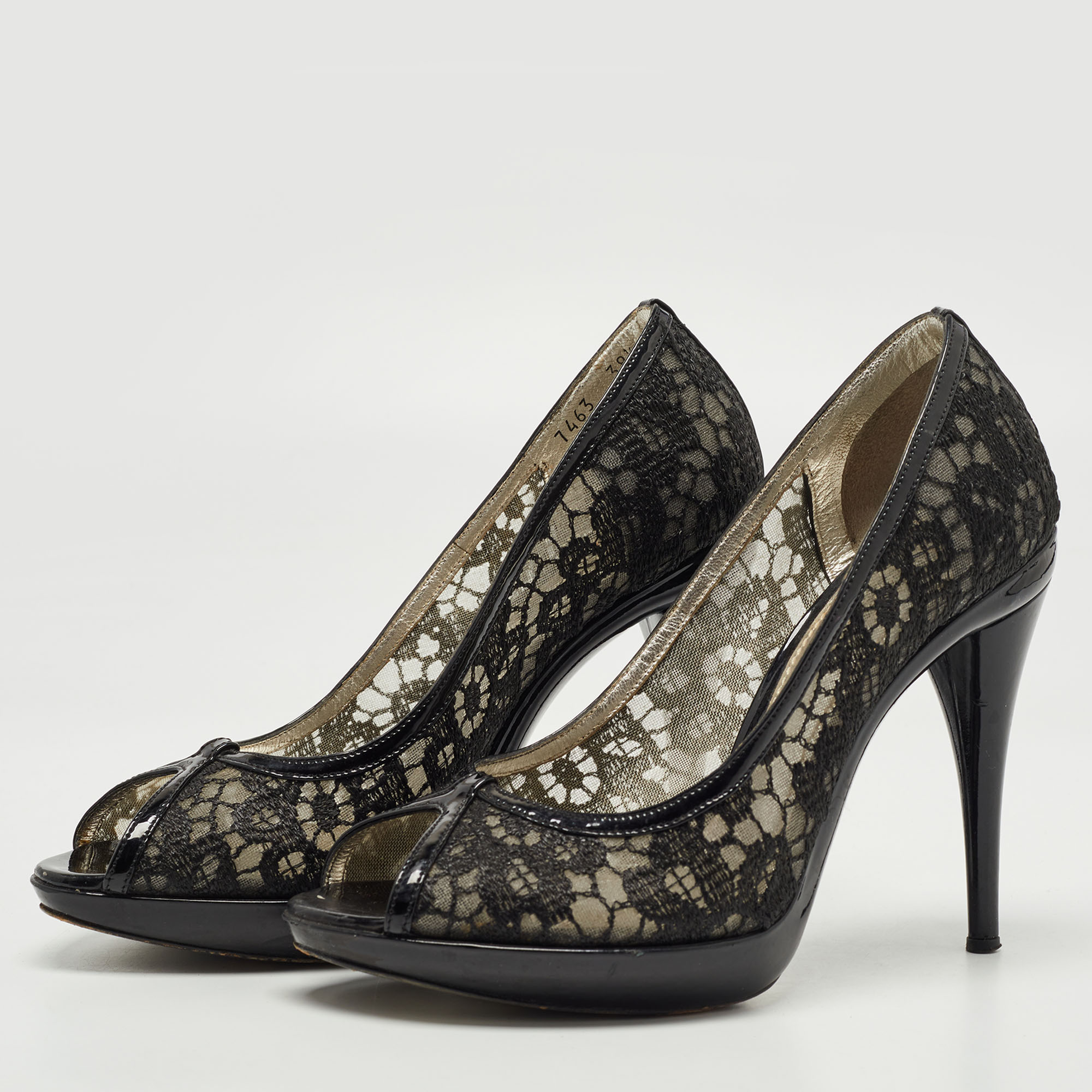 

Dolce & Gabbana Black Lace and Patent Leather Platform Peep-Toe Pumps Size