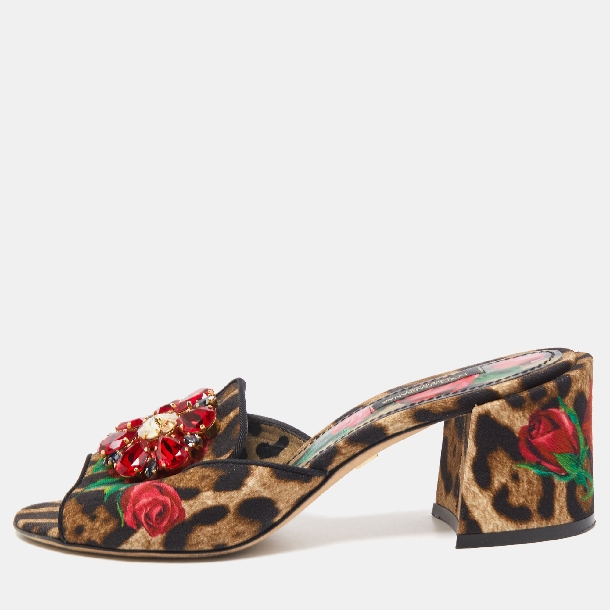 Dolce & Gabbana Multicolor Leopard/Floral Print Canvas Crystal Embellished Slide Sandals Size 37