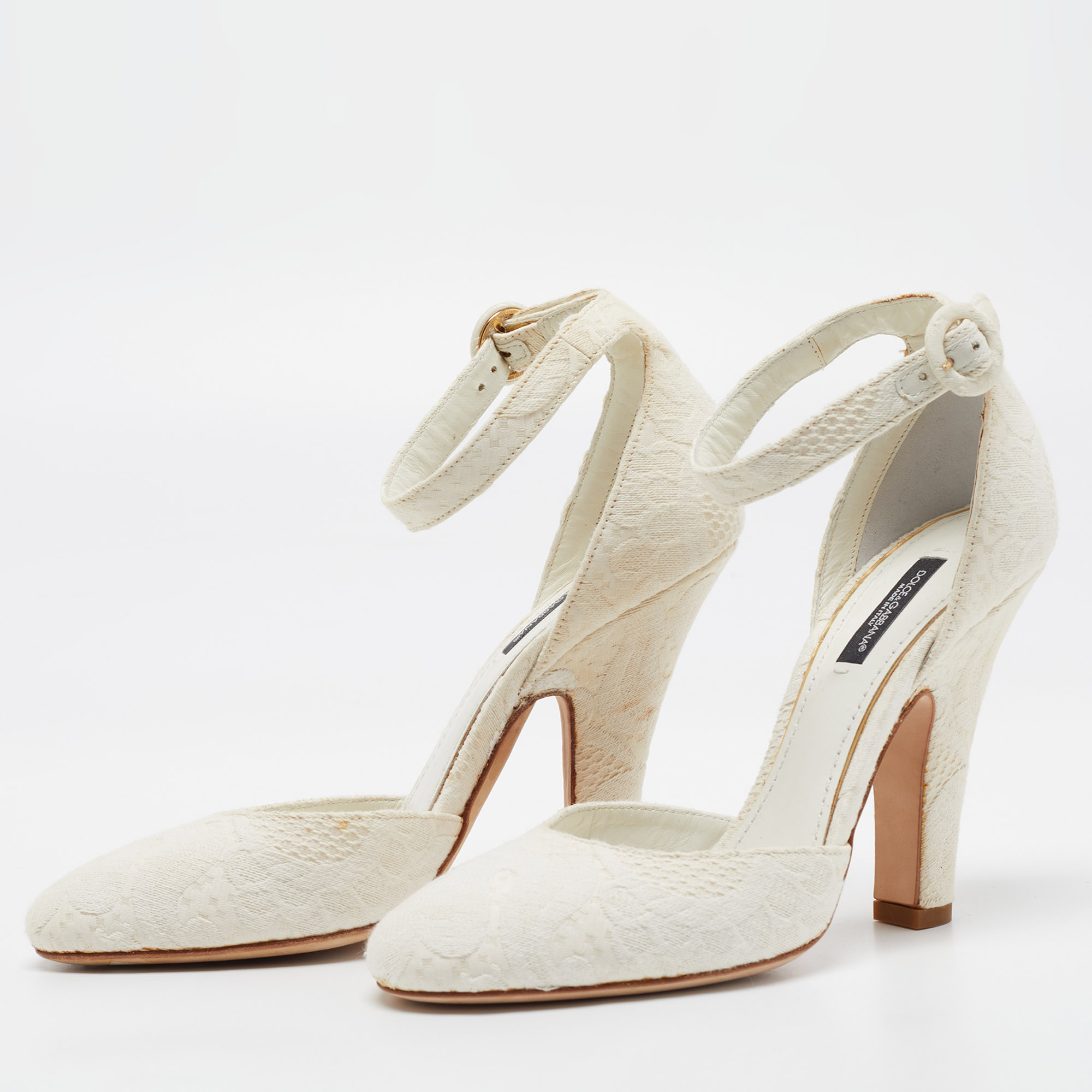 

Dolce & Gabbana Off White Jacquard Fabric Ankle Strap Pumps Size
