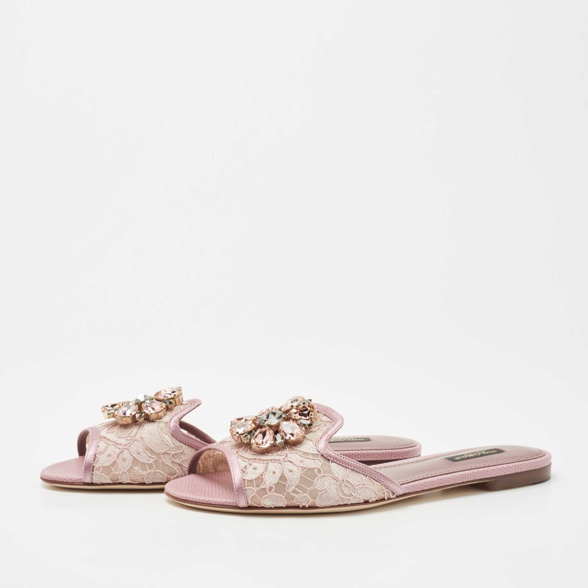 

Dolce & Gabbana Pink Satin and Lace Sofia Crystal Embellished Slide Flat Sandals Size