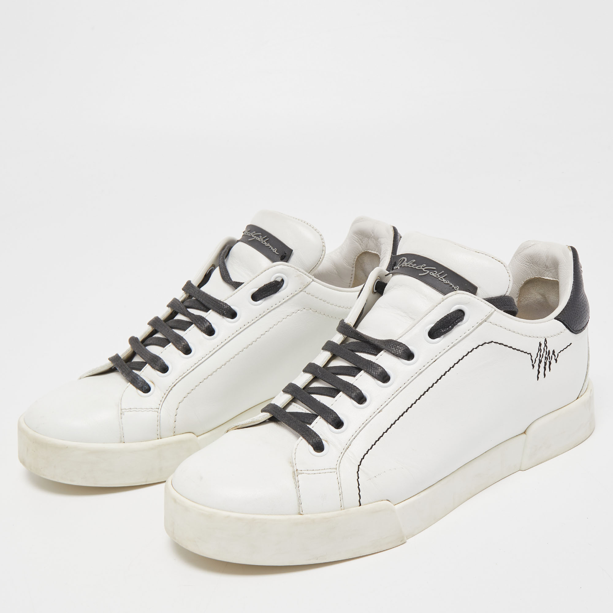 

Dolce & Gabbana White Leather Heartbeat Embroidered Sneakers Size