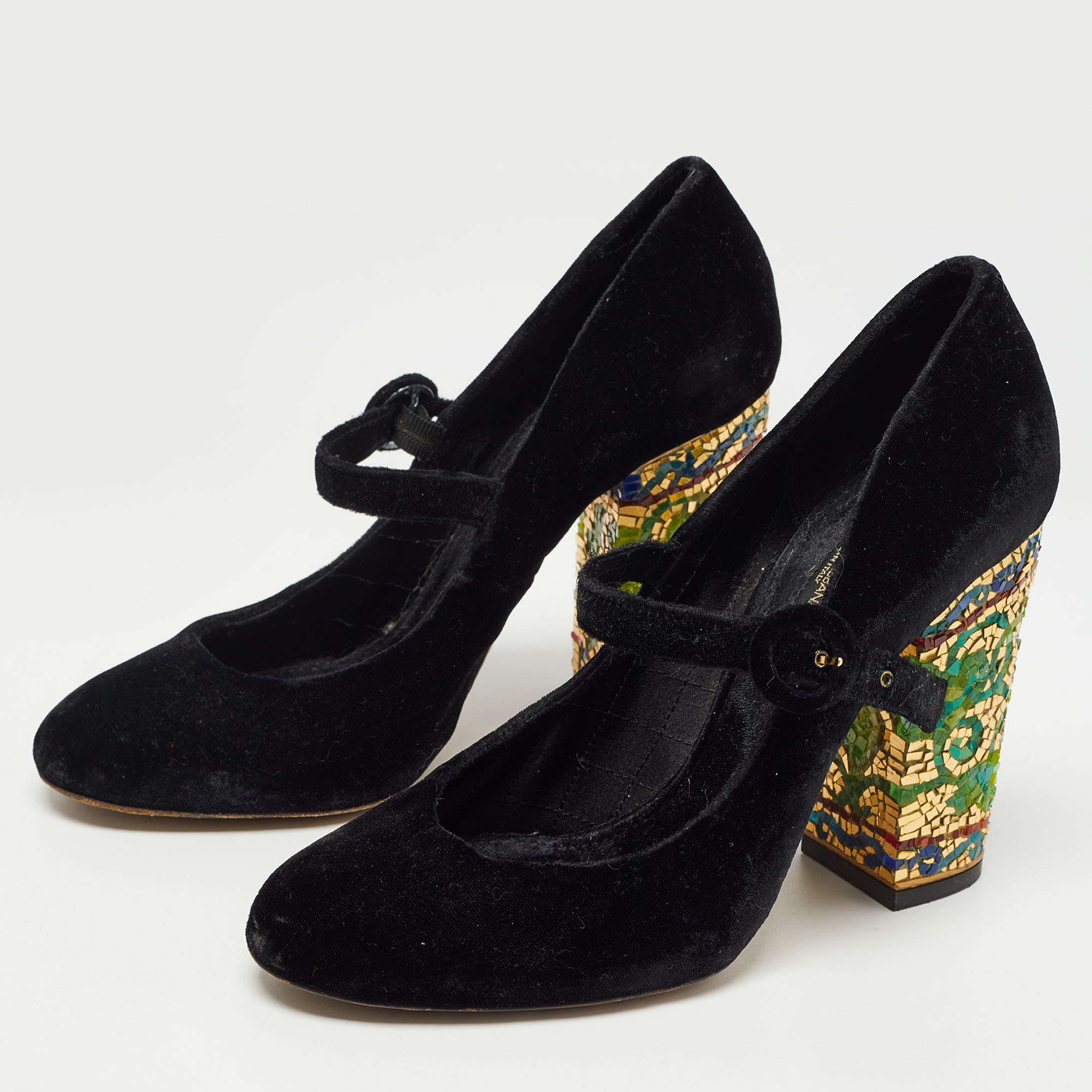 

Dolce & Gabbana Black Velvet Embellished Heel Mary Jane Pumps Size