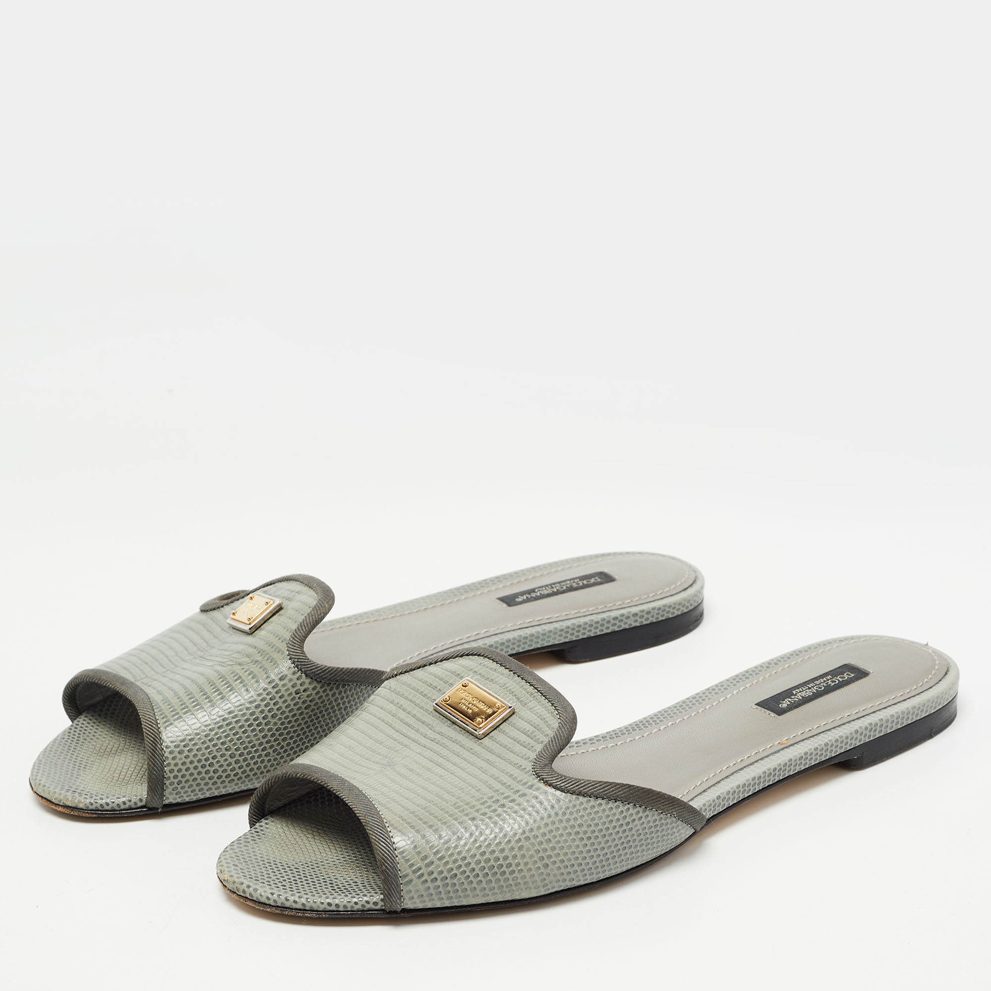 

Dolce & Gabbana Grey Lizard Embossed Leather Sofia Slides Size