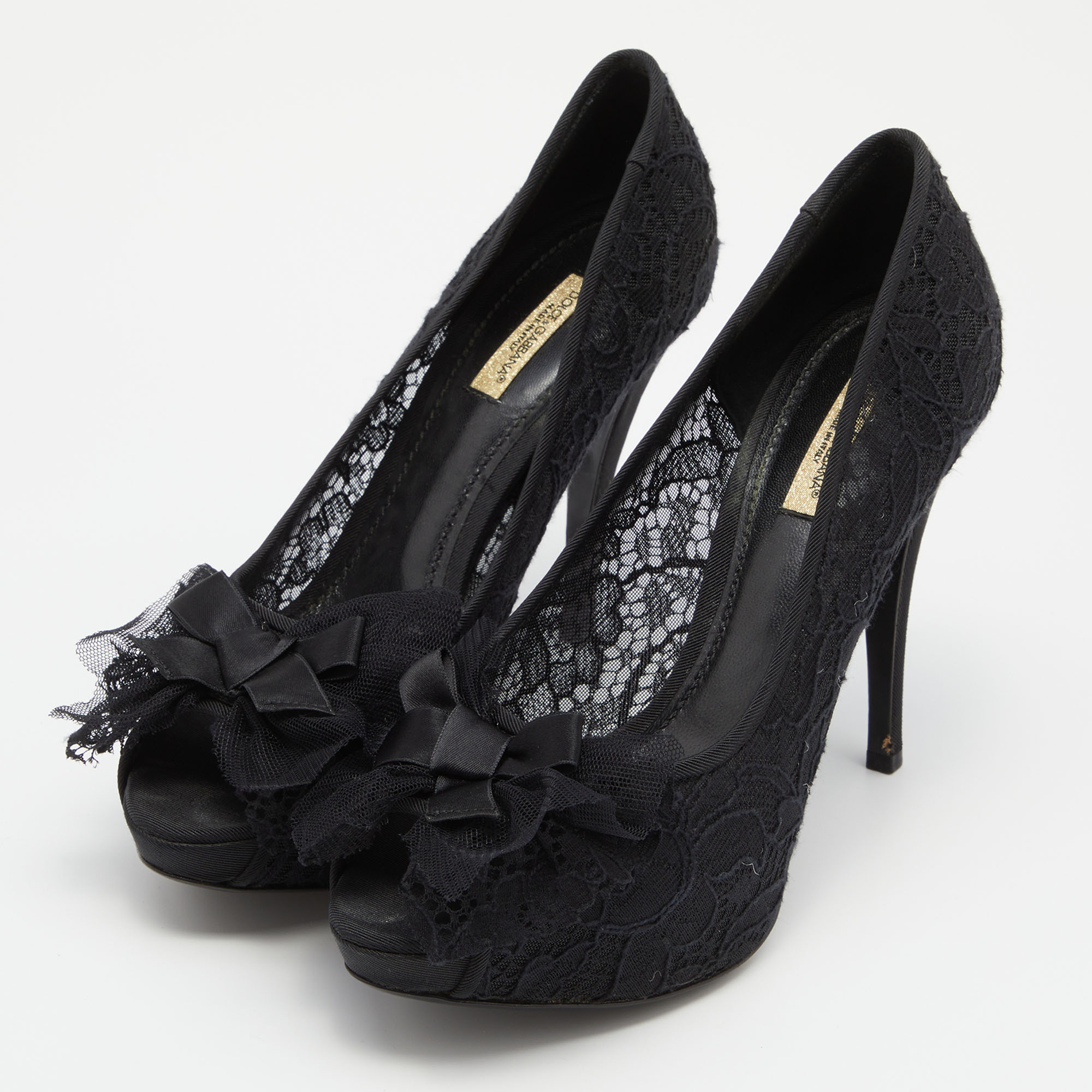 

Dolce & Gabbana Black Lace Bow Peep Toe Platform Pumps Size