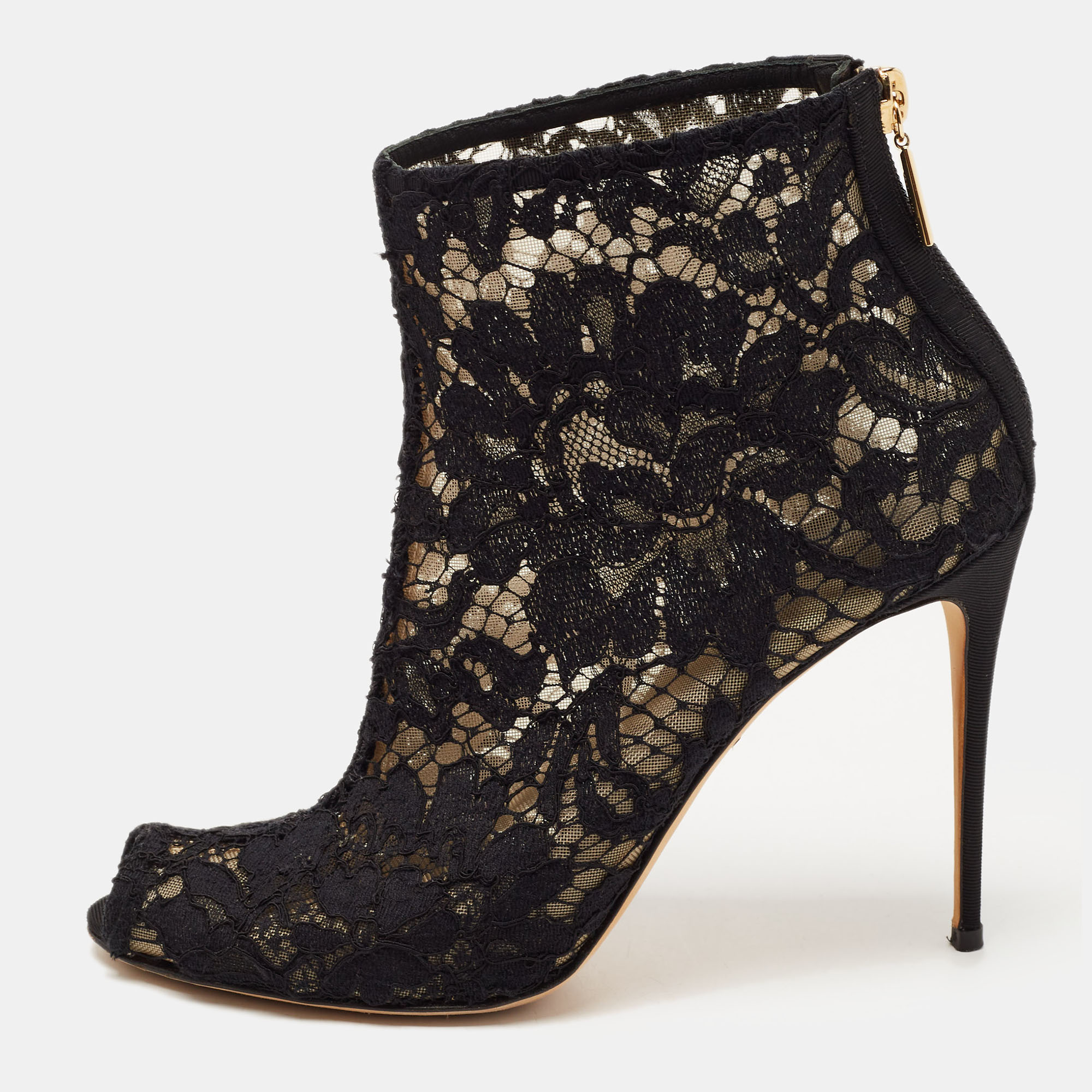 Pre-owned Dolce & Gabbana Black Lace And Mesh Ankle Boots Size 37.5