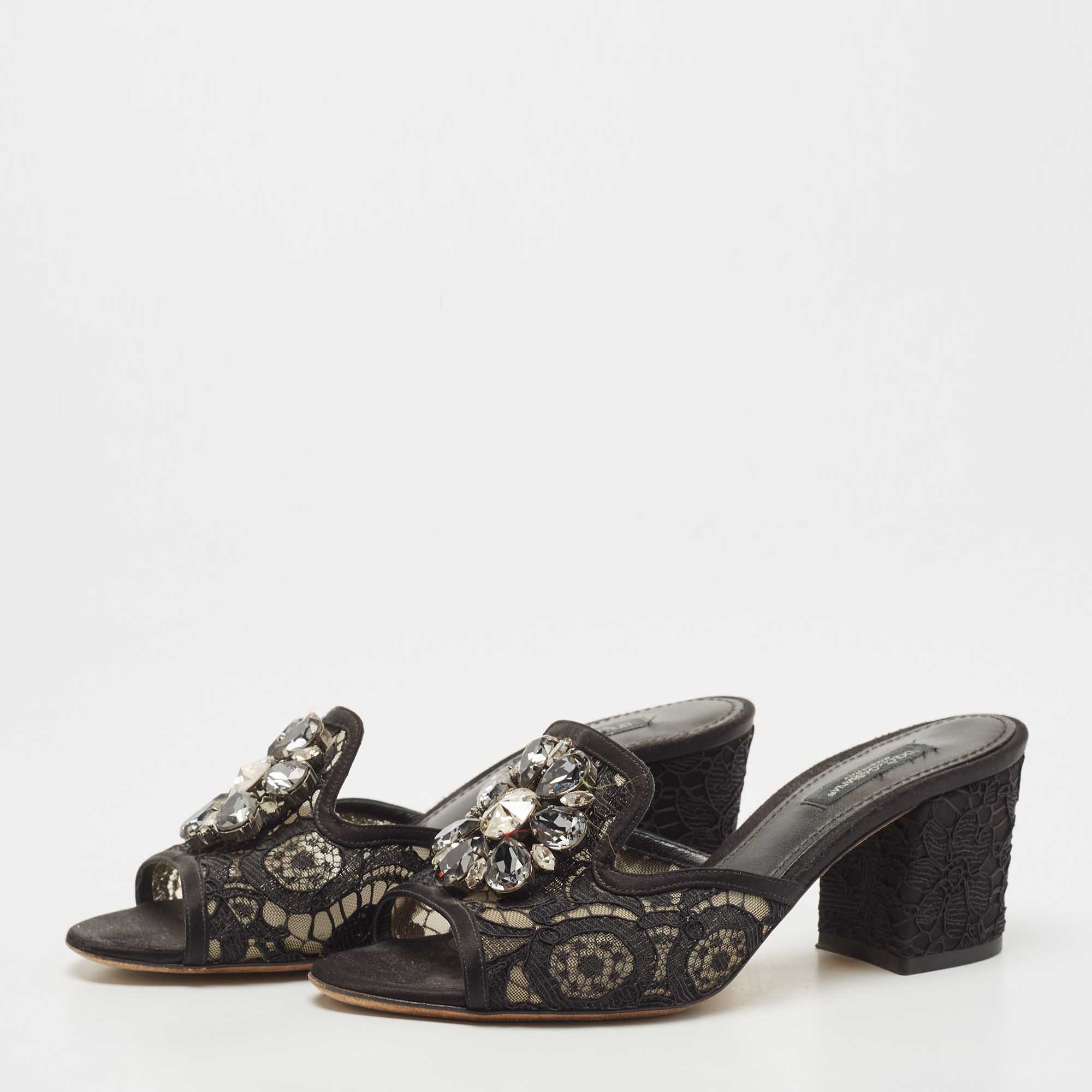 

Dolce & Gabbana Black Lace Crystal Embellished Bianca Slide Sandals Size
