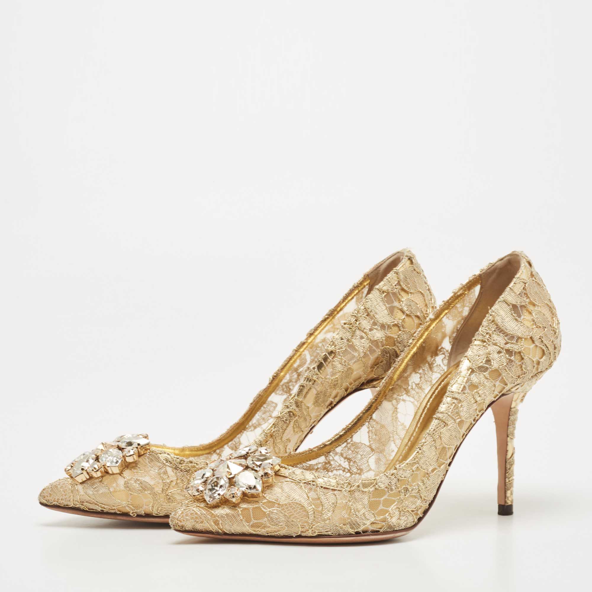 

Dolce & Gabbana Gold Lace Bellucci Crystal Embellished Pumps Size