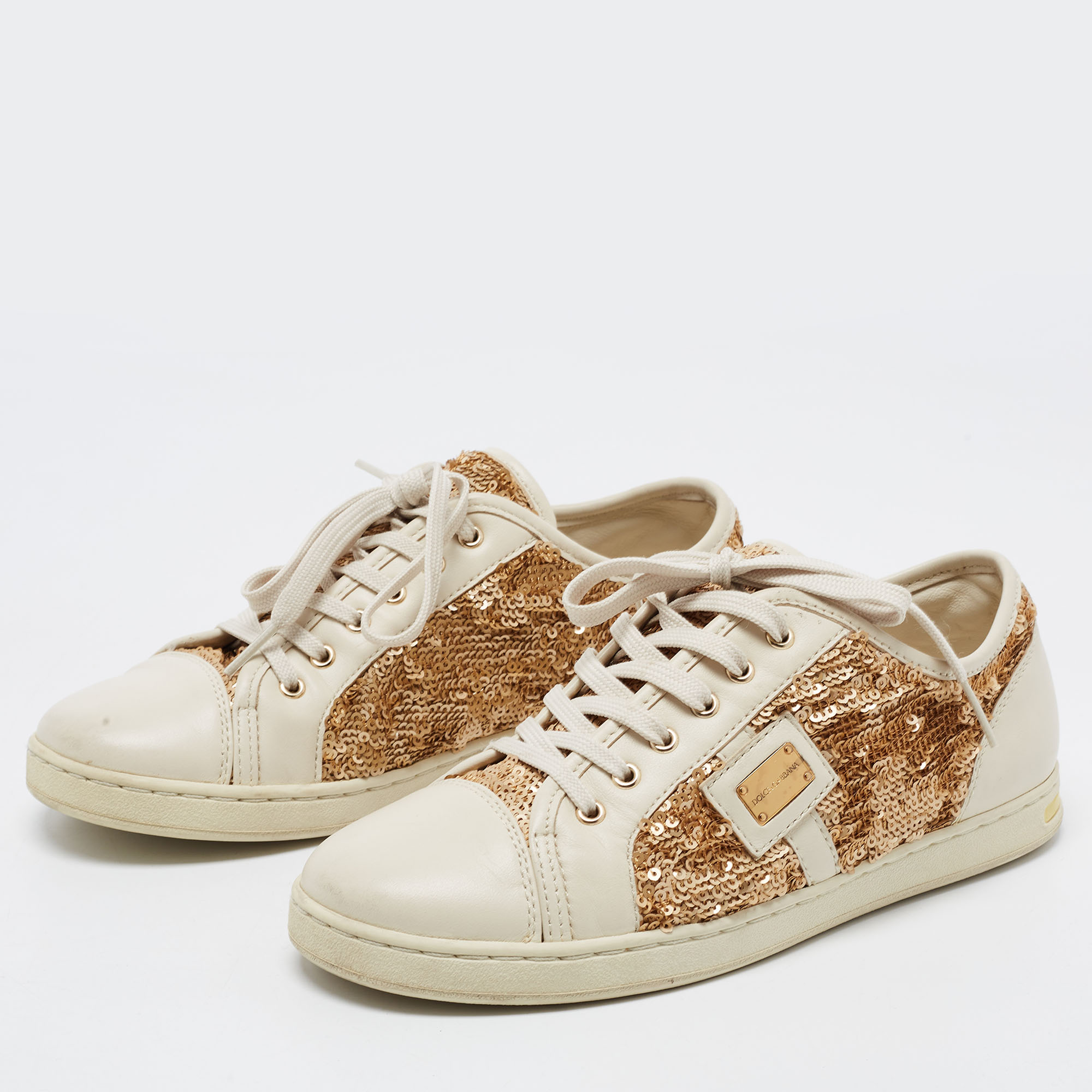 

Dolce & Gabbana Cream Leather and Sequin Embellished Low Top Sneakers Size