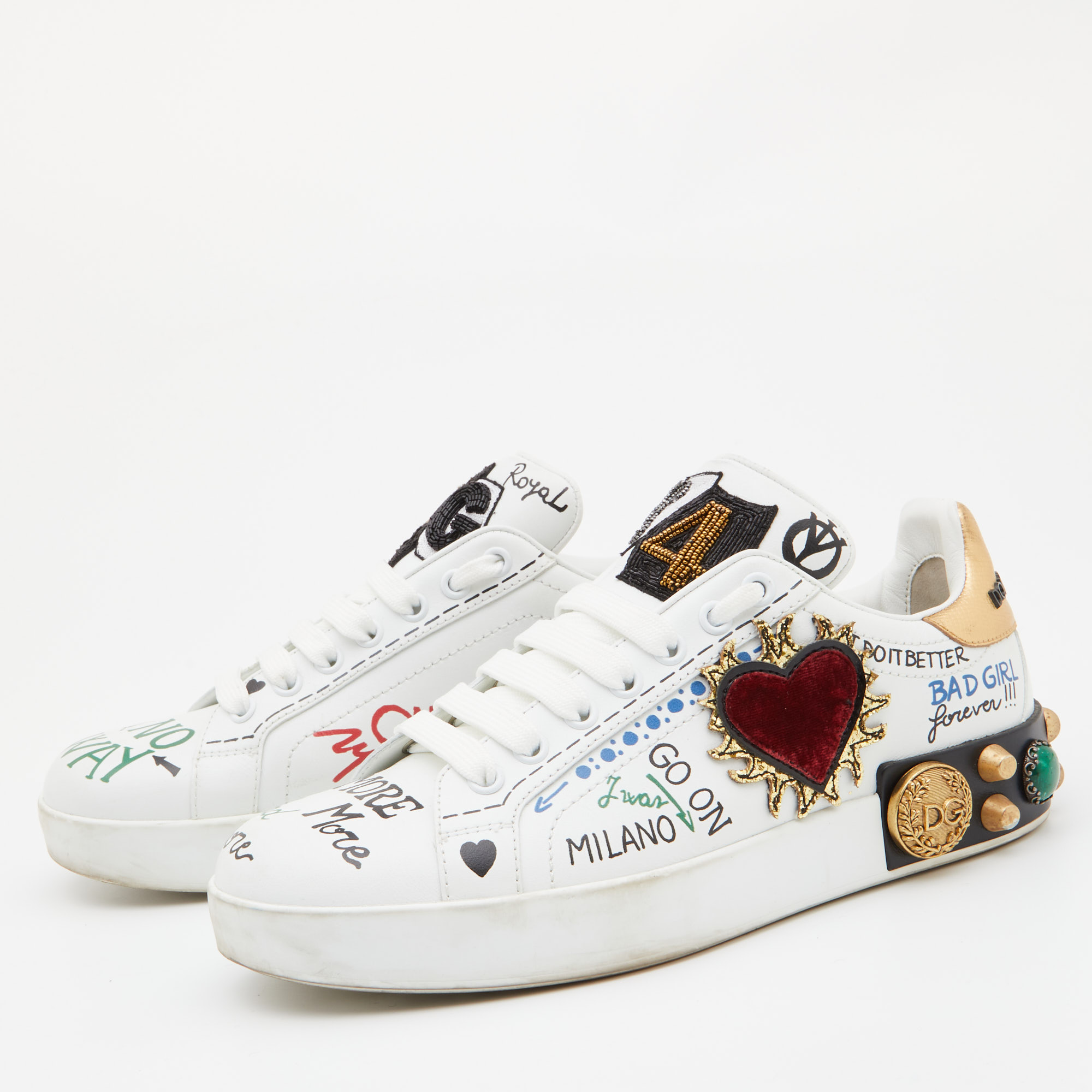 

Dolce & Gabbana White Leather Portofino Embellished Low Top Sneakers Size