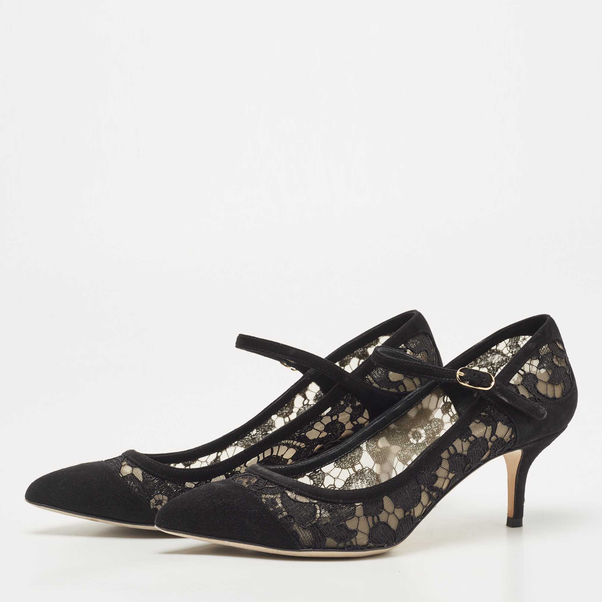 

Dolce & Gabbana Black Lace and Suede Mary Jane Pumps Size