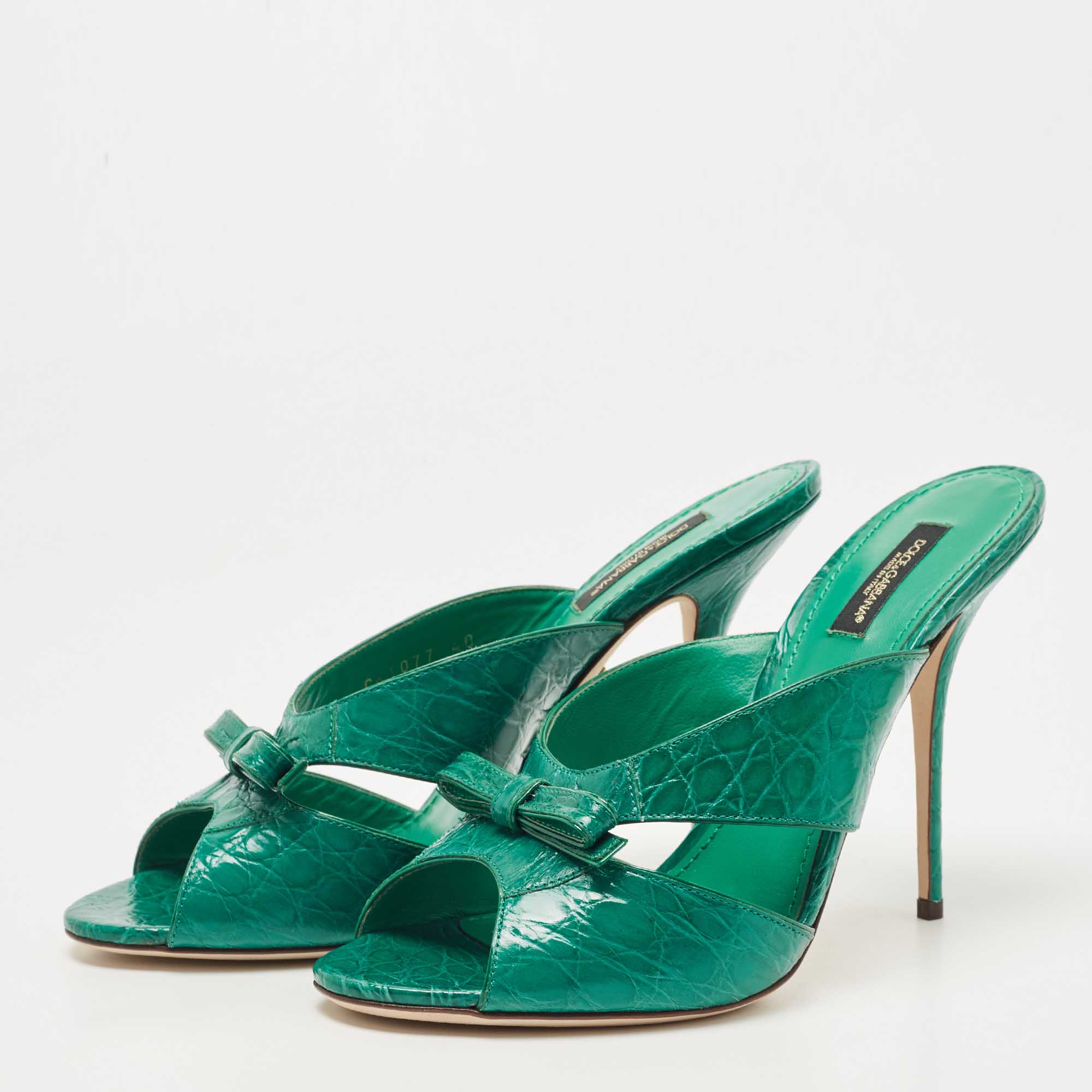 

Dolce & Gabbana Green Croc Leather Bow Detail Slide Sandals Size