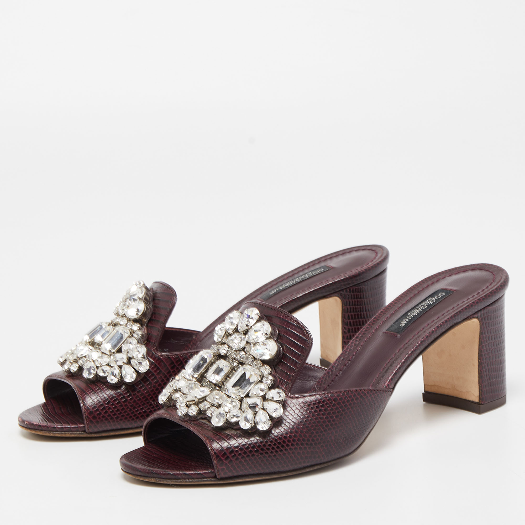 

Dolce & Gabbana Burgundy Lizard Embossed Crystal Embellished Slide Sandals Size
