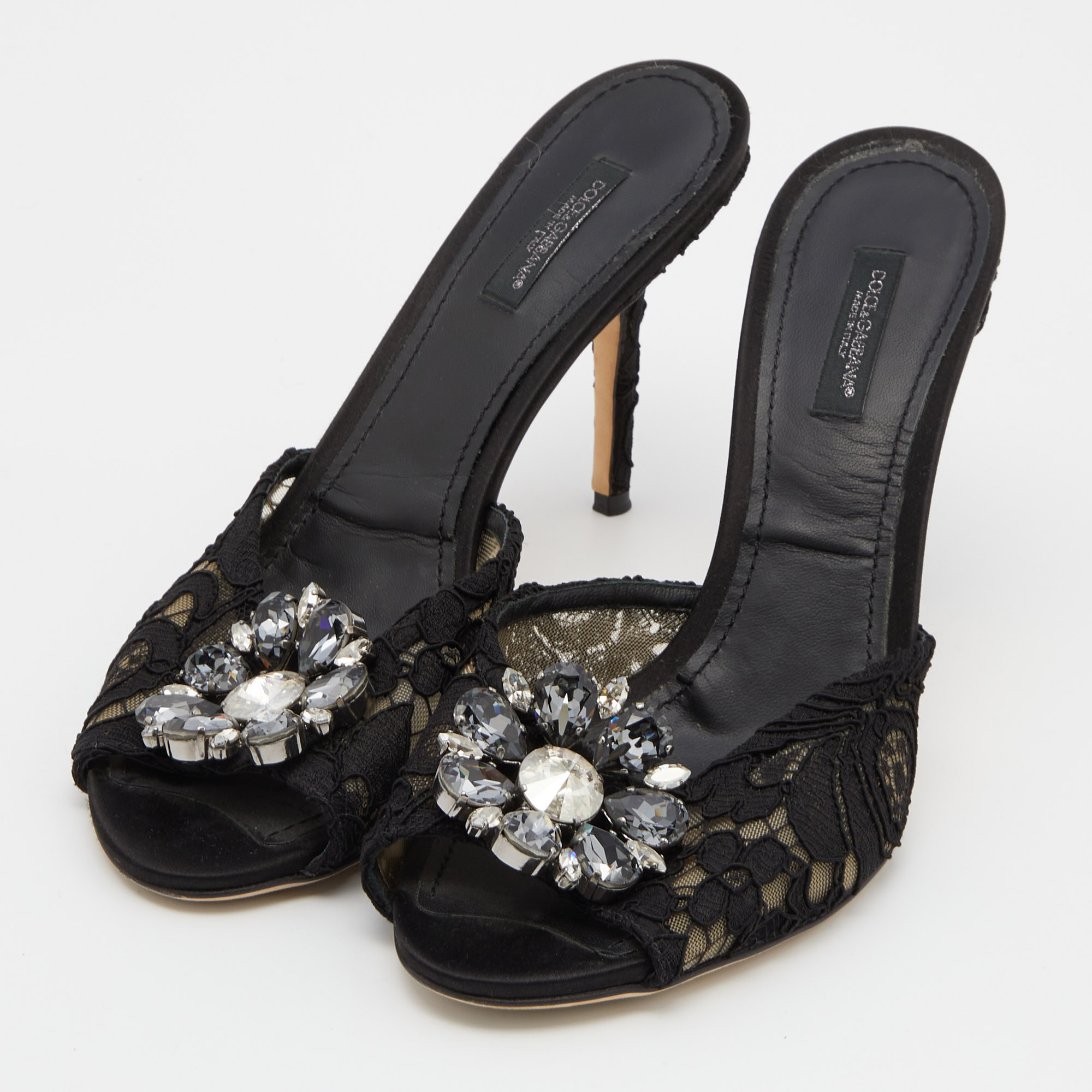 

Dolce & Gabbana Black Lace Crystal Embellished Bianca Open Toe Platform Slide Sandals Size