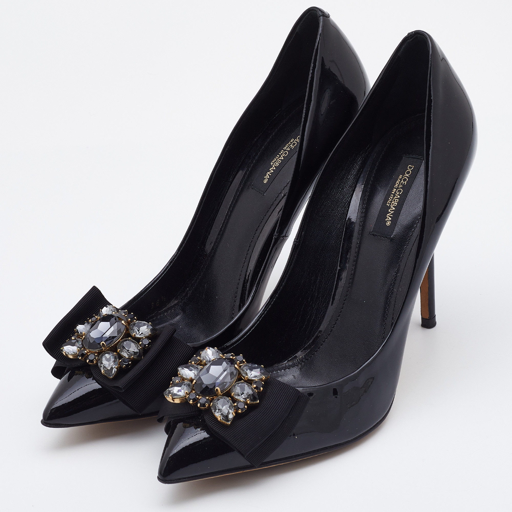 

Dolce & Gabbana Black Patent Leather Crystal Embellished Bow Pumps Size