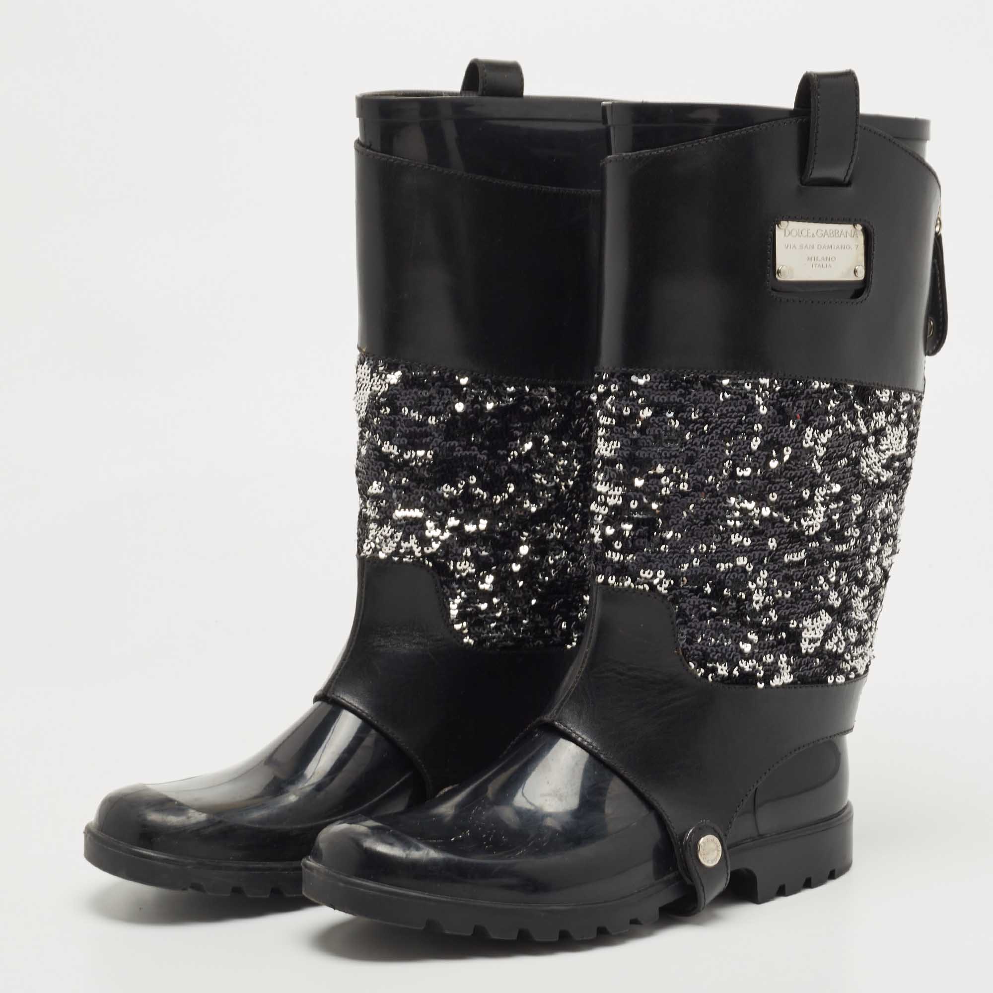 

Dolce & Gabbana Black Rubber, Leather and Sequins Rain Boots Size