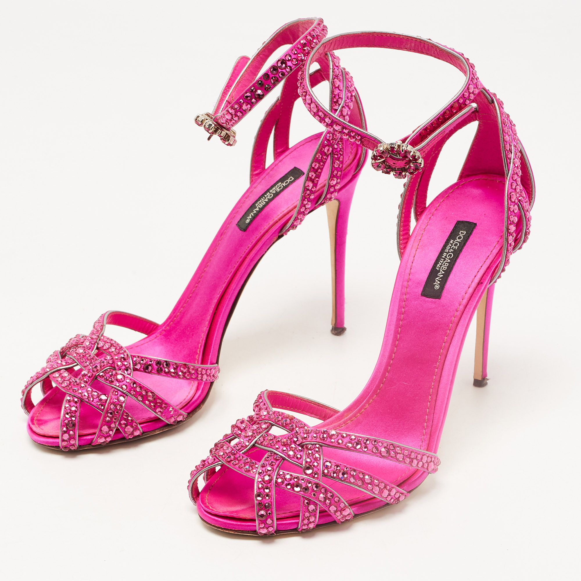 

Dolce & Gabbana Pink Crystal Embellished Satin Ankle Strap Sandals Size
