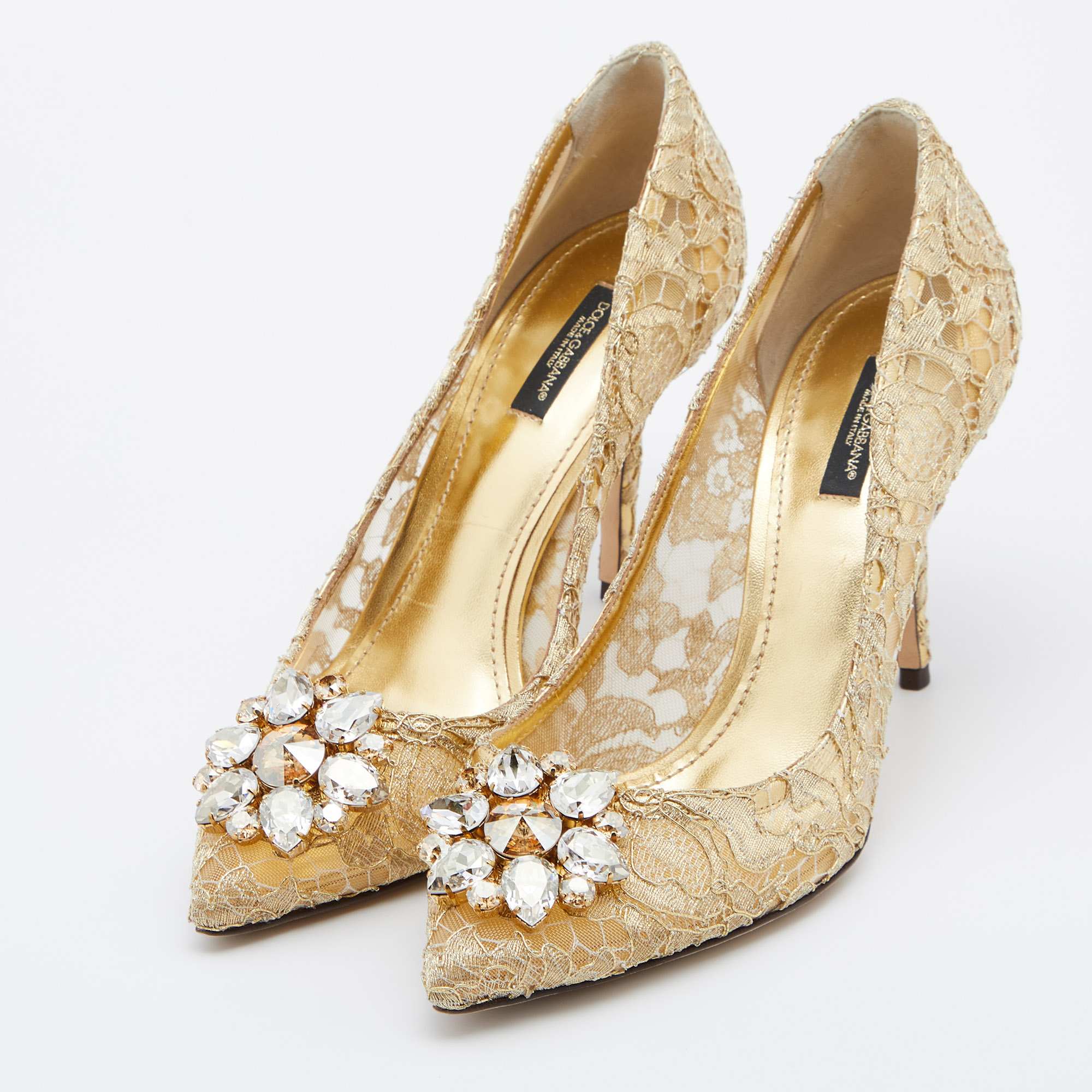 

Dolce & Gabbana Gold Lace Crystal Embellished Bellucci Pointed Toe Pumps Size