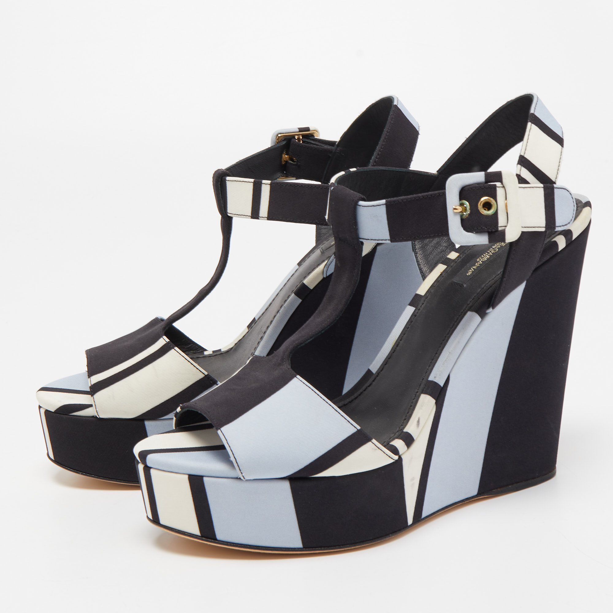 

Dolce & Gabbana Tricolor Printed Fabric T-Strap Wedge Sandals Size, Black