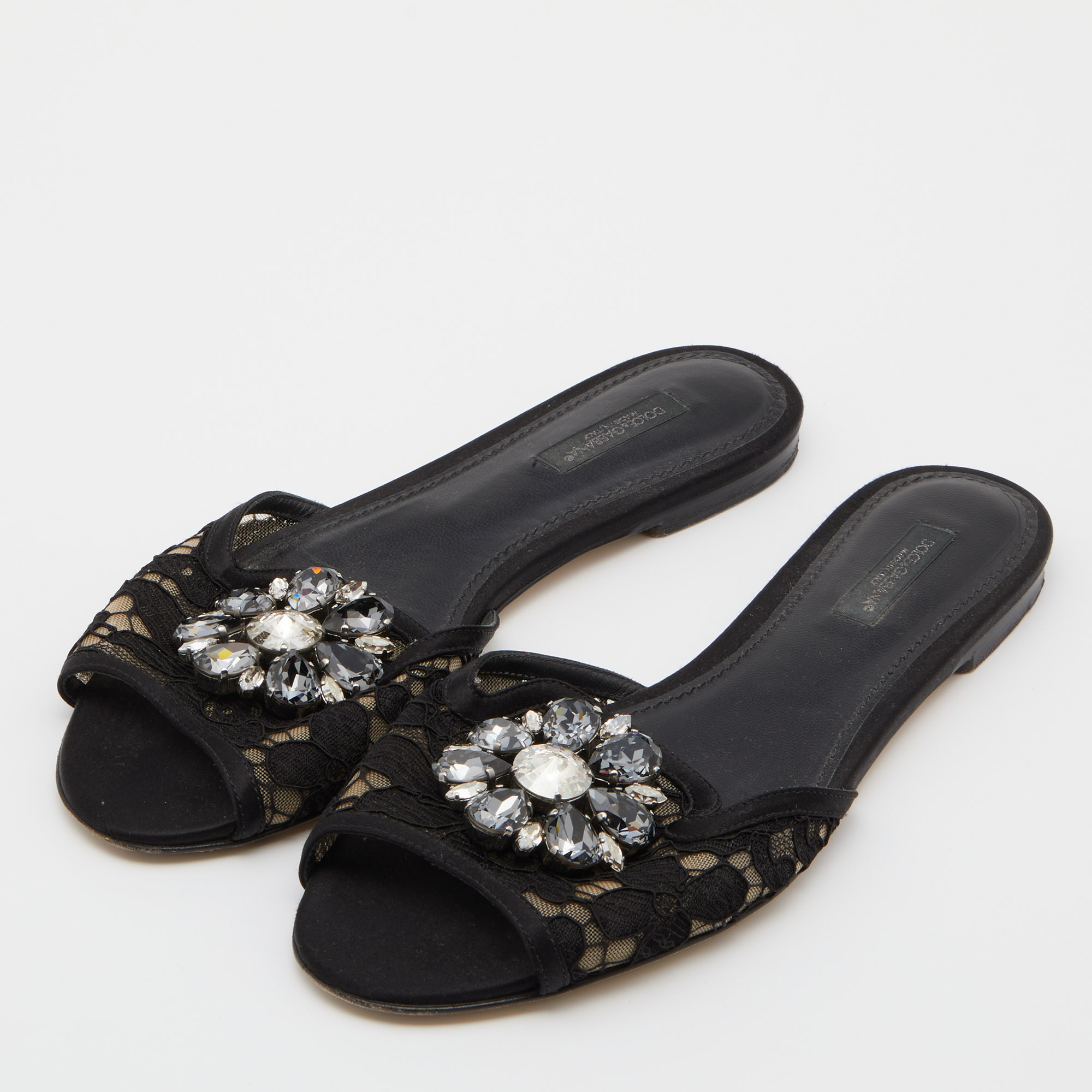 

Dolce & Gabbana Black Lace and Satin Sofia Crystal Embellished Slides Size