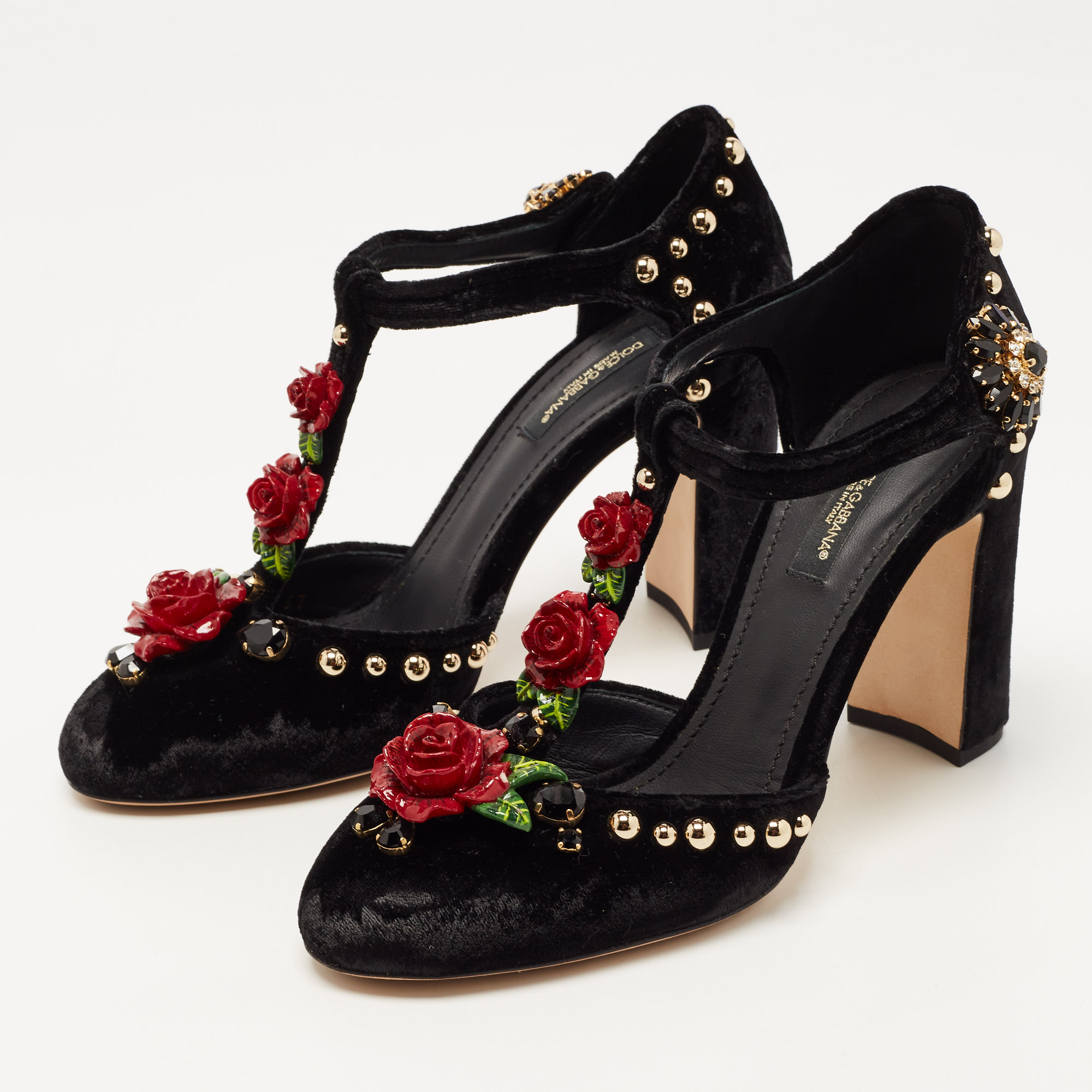 

Dolce & Gabbana Black Velvet Rose Applique T-strap Pumps Size