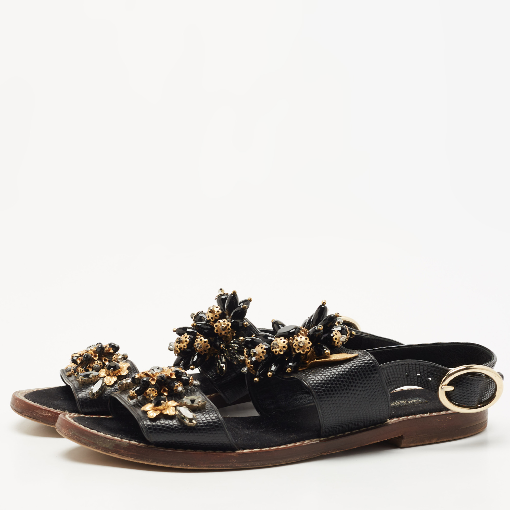 

Dolce & Gabbana Black Lizard Leather Crystal Embellished Slingback Flat Sandals Size