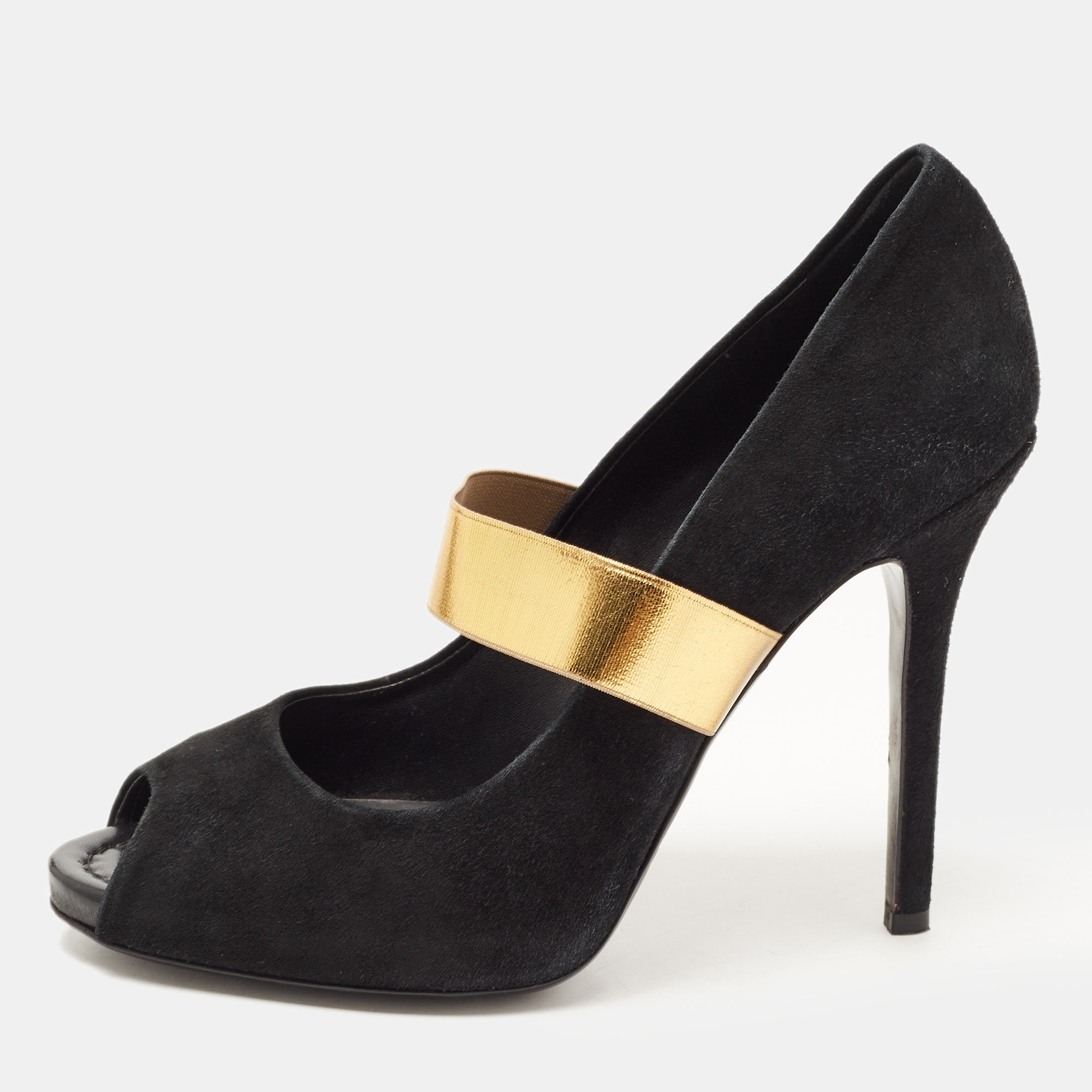 

Dolce & Gabbana Black/Gold Suede and Elastic Band Mary Jane Peep Toe Pumps Size