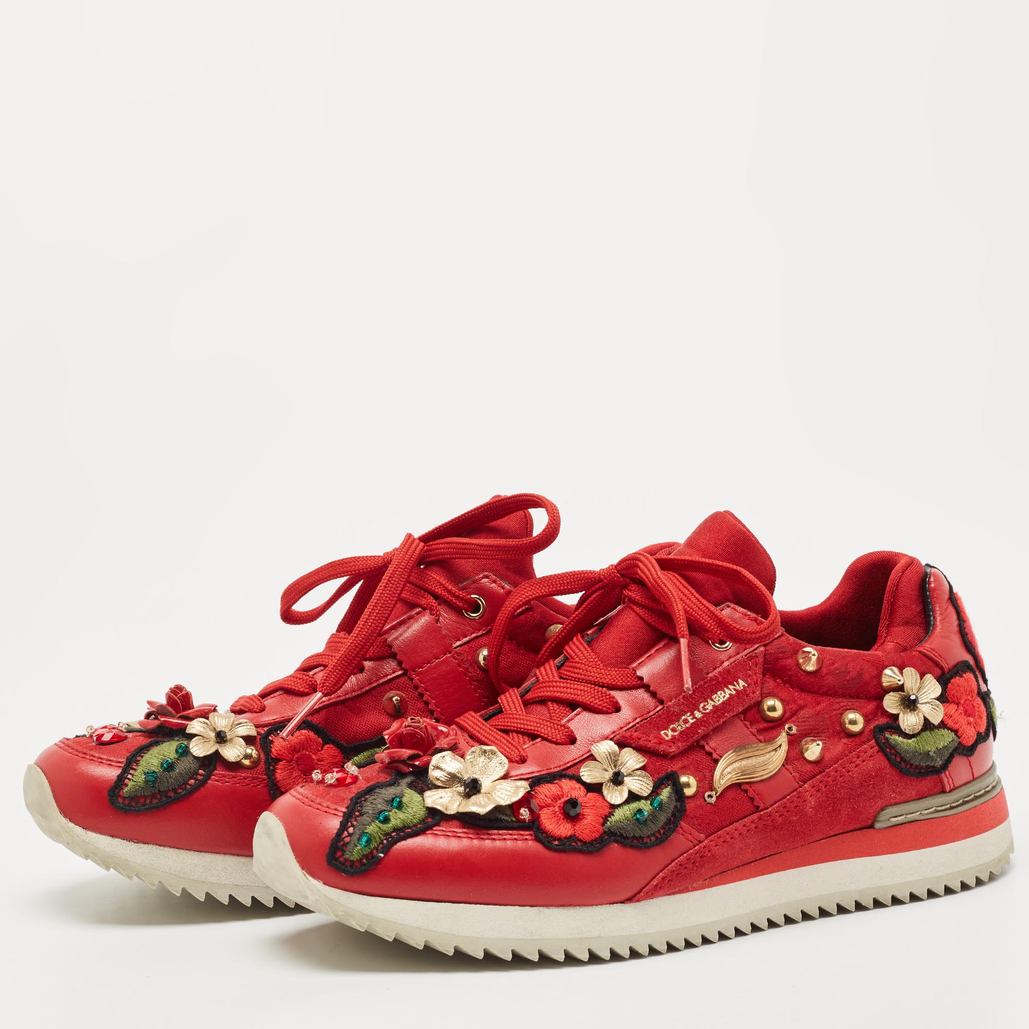 

Dolce & Gabbana Red Leather and Fabric Flower Embellished Trainers Sneakers Size