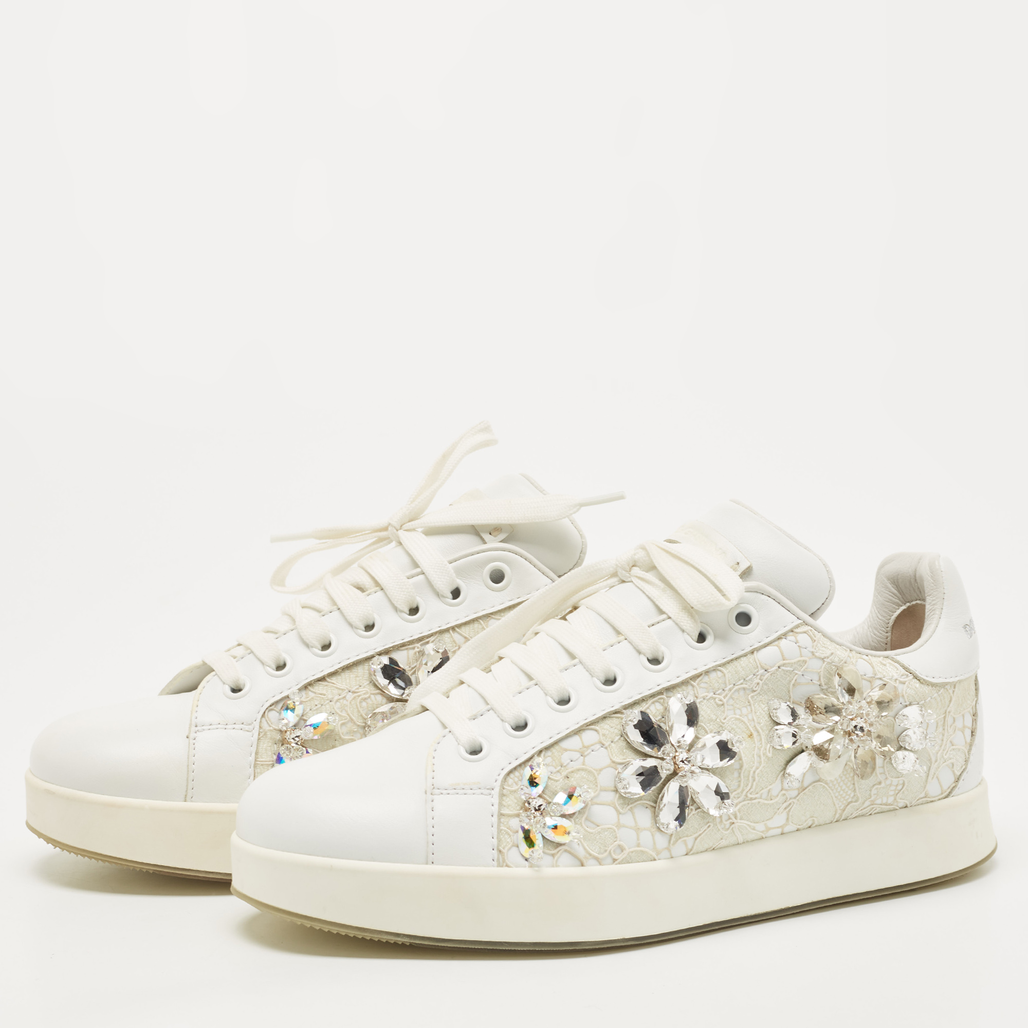 

Dolce & Gabbana White Leather and Lace Crystal Embellished Low Top Sneakers Size