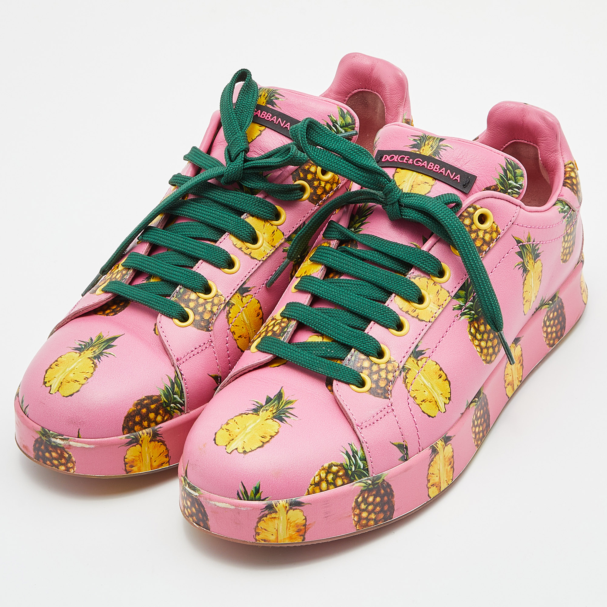 

Dolce & Gabbana Pink Pineapple Print Leather Low Top Sneakers Size