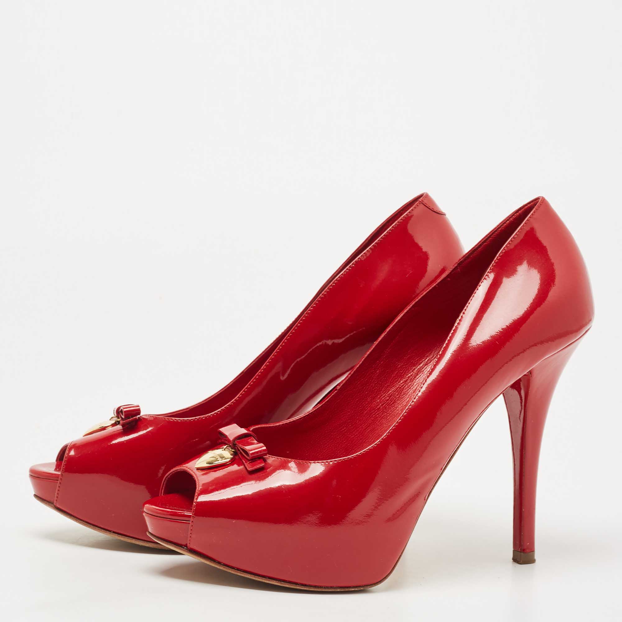 

Dolce & Gabbana Red Patent Leather Bow Peep Toe Platform Pumps Size