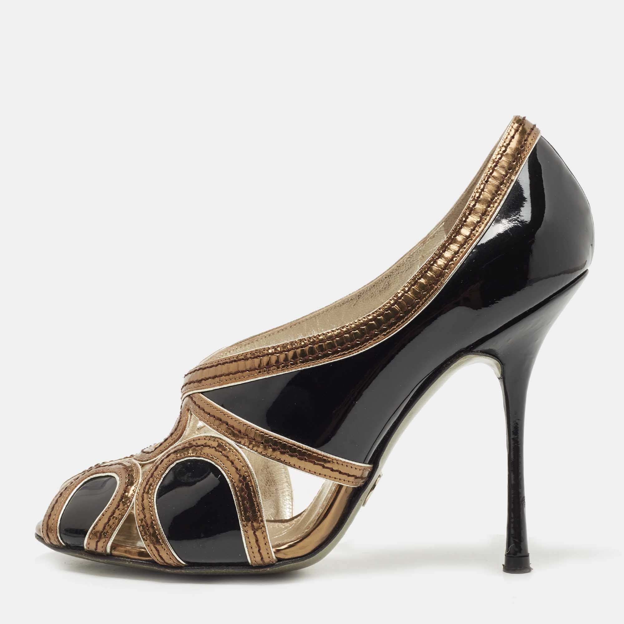 

Dolce & Gabbana Black/Metallic Patent and Leather Cut Out Peep Toe Pumps Size