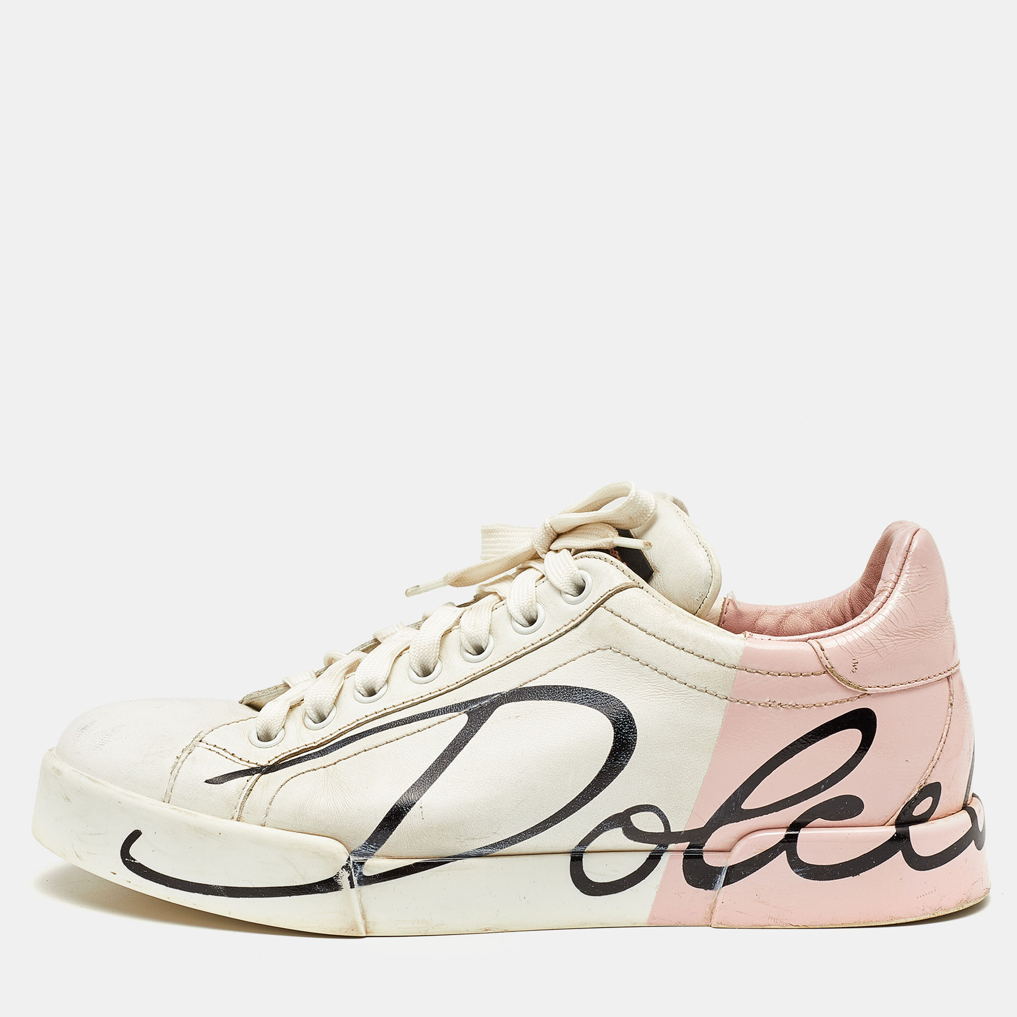 Pre-owned Dolce & Gabbana White/pink Logo Print Leather Low Top Trainers Size 38