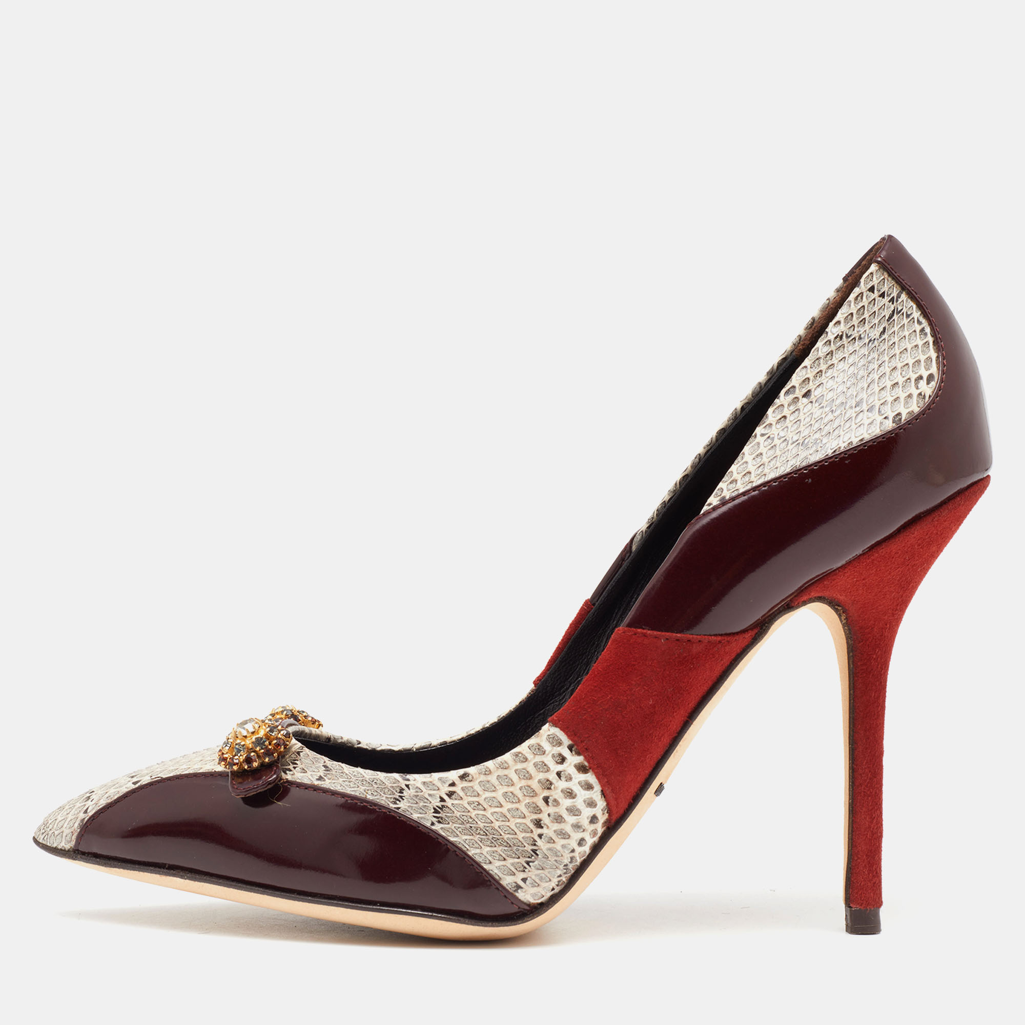 Pre-owned Dolce & Gabbana Tricolor Suede And Watersnake Pointed Toe Pumps Size 36 In Burgundy
