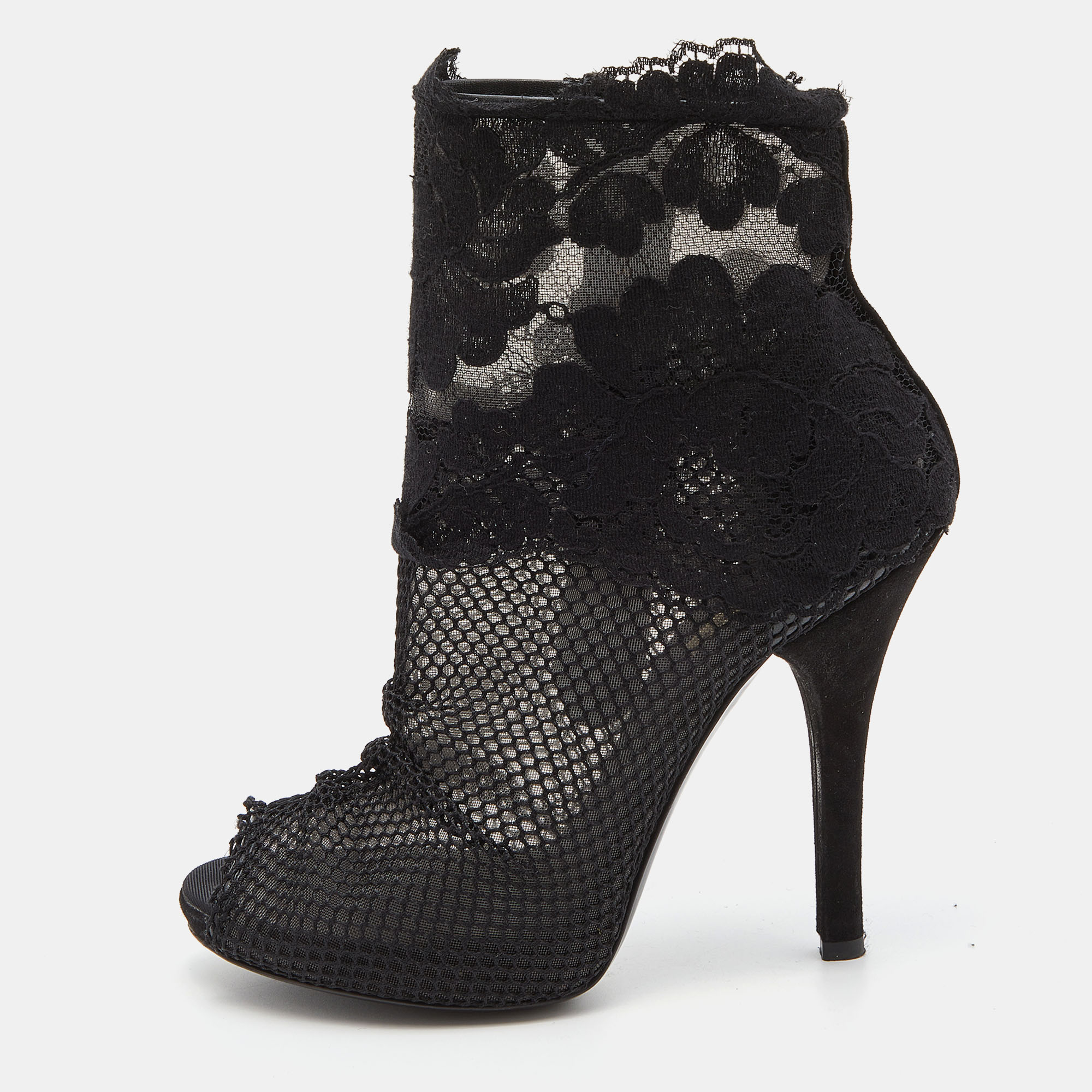 Pre-owned Dolce & Gabbana Black Lace And Mesh Peep Toe Booties Size 37.5